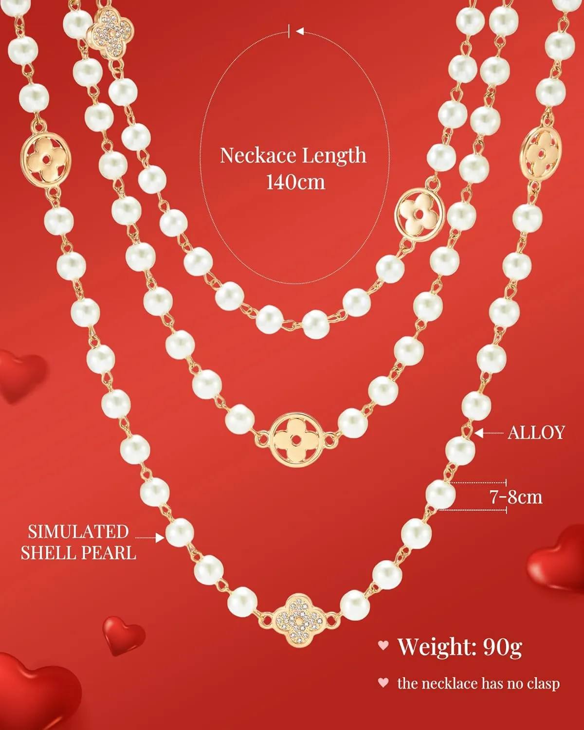 8MM Round Simulated Shell Pearl Strand Layered Necklace for Women, Dainty Multiple Strands Long Necklace for Party, Vintage Costume Jewelry