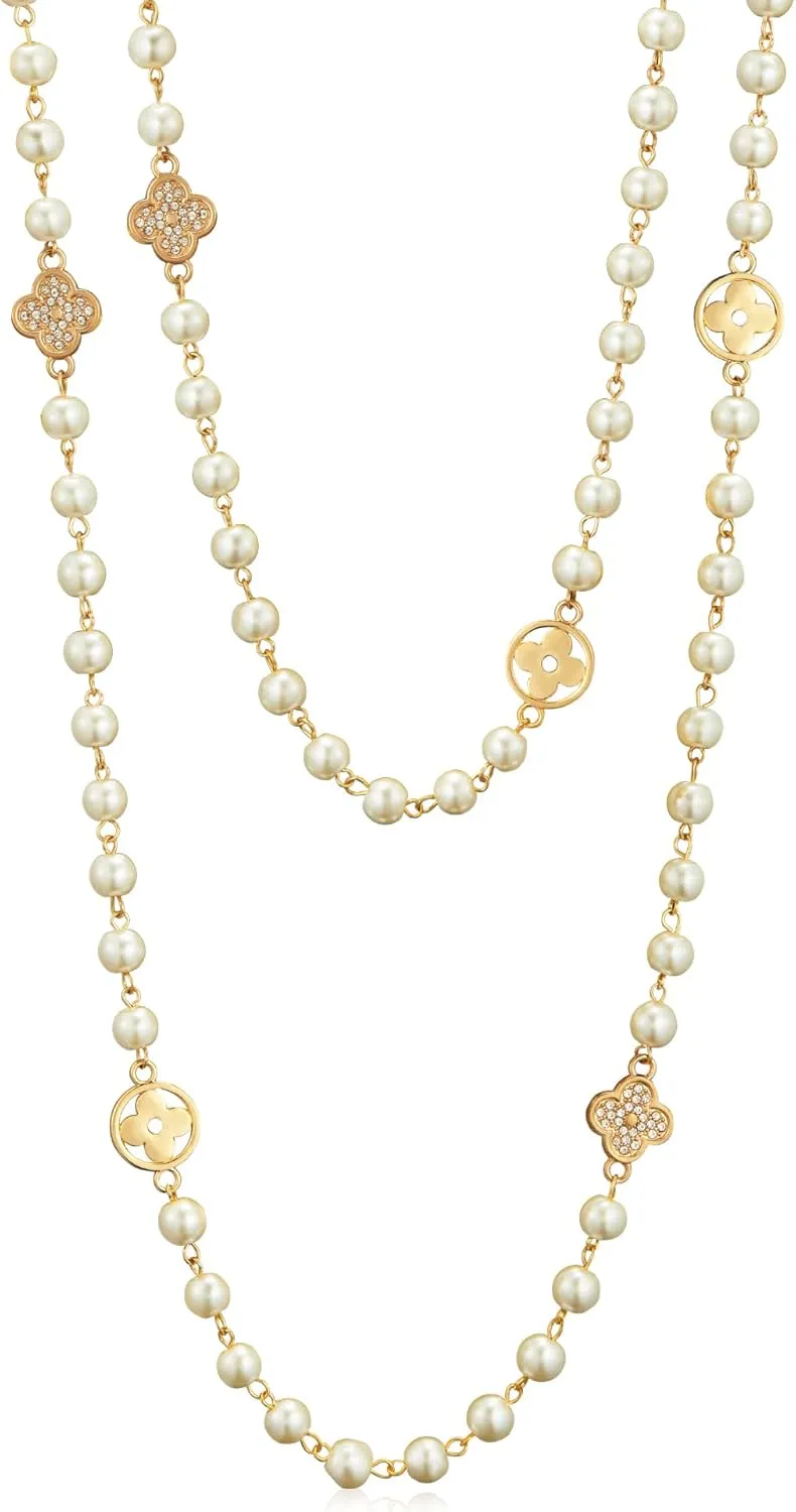 8MM Round Simulated Shell Pearl Strand Layered Necklace for Women, Dainty Multiple Strands Long Necklace for Party, Vintage Costume Jewelry
