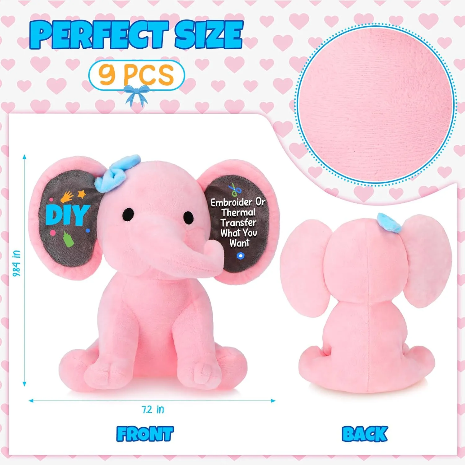 9-Piece Soft Cute Elephant Plush Toys for Baby Shower & Party Supplies (Pink)