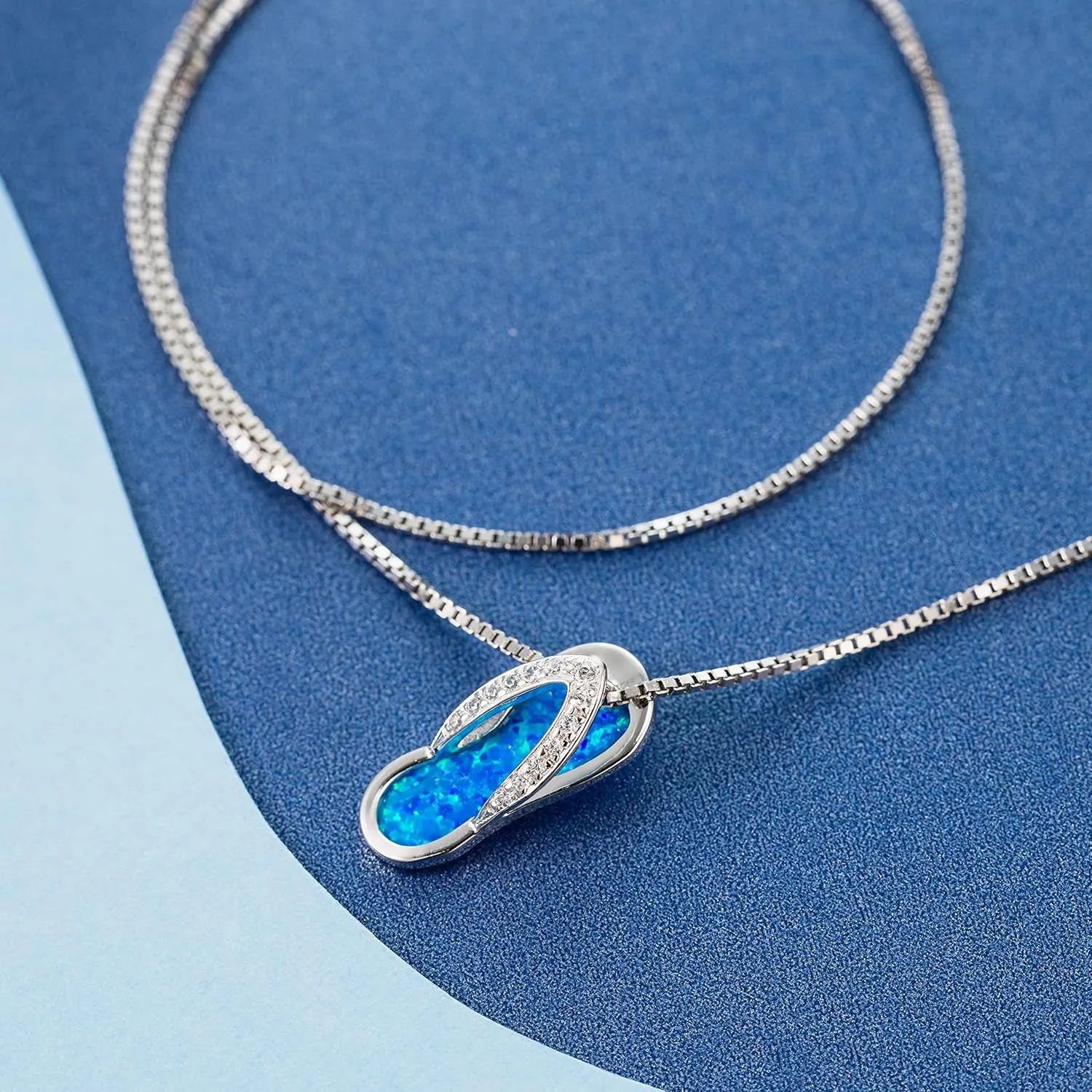 925 Sterling Silver Hawaiian Flip Flop Slipper Sandal Necklace Pendant with 18" Box Chain, Genuine Koa Wood Blue Opal Abalone Shell Cubic Zirconia, Nickle Free Hypoallergenic for Sensitive Skin, Gift Box Included