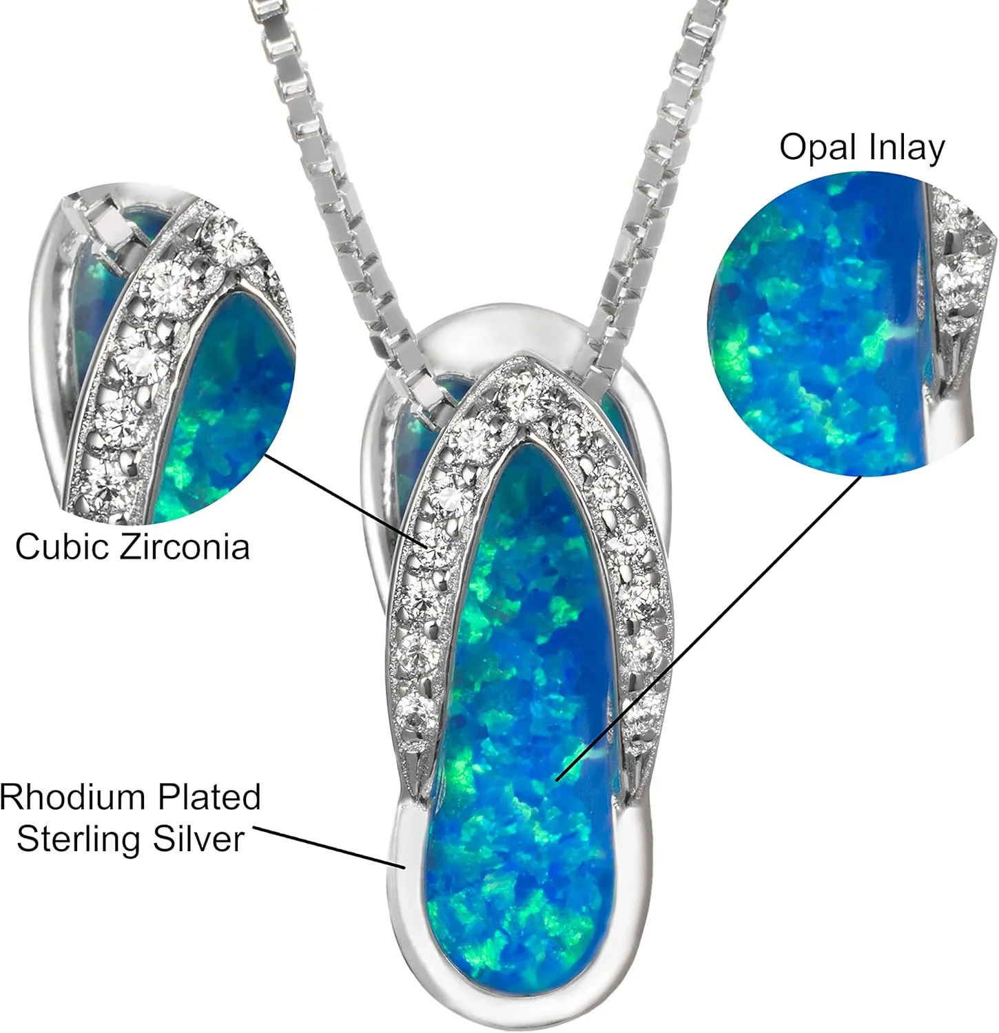 925 Sterling Silver Hawaiian Flip Flop Slipper Sandal Necklace Pendant with 18" Box Chain, Genuine Koa Wood Blue Opal Abalone Shell Cubic Zirconia, Nickle Free Hypoallergenic for Sensitive Skin, Gift Box Included