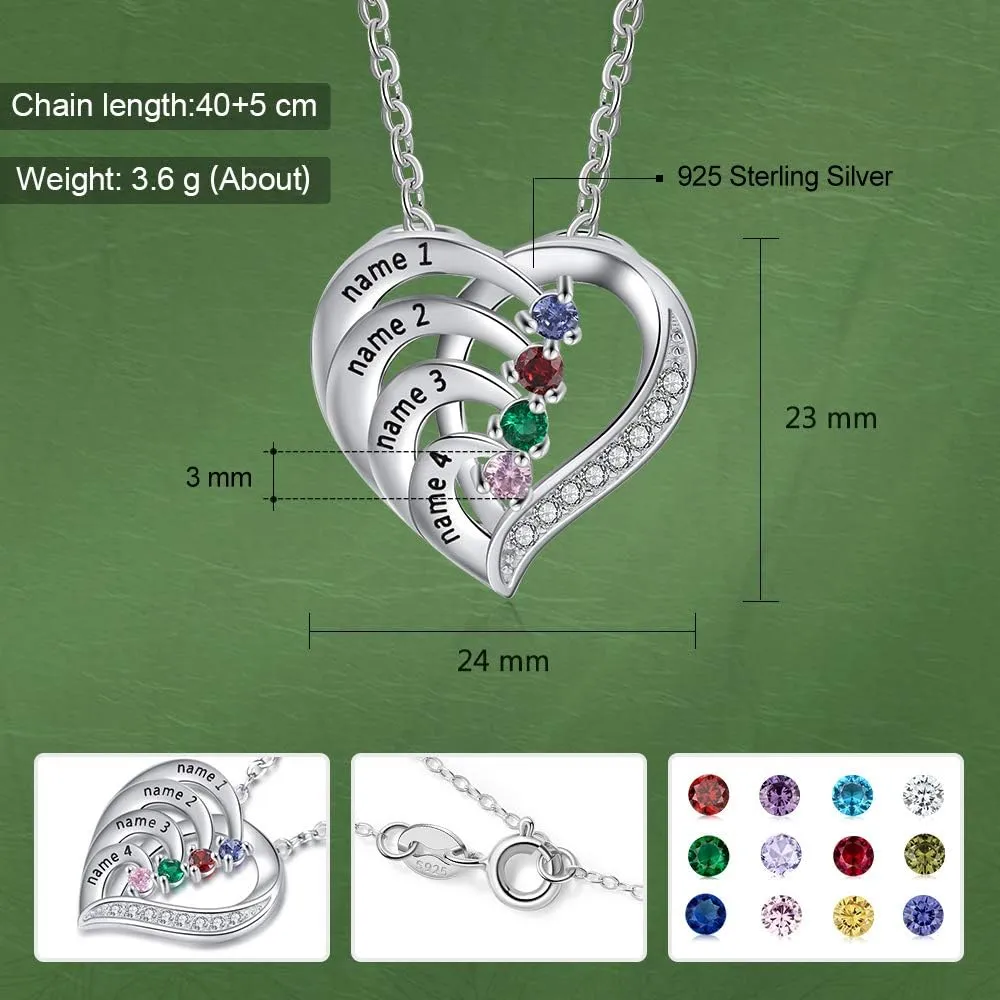 925 Sterling Silver Mother Necklace with 3-4 Simulated Birthstones Personalized Women's Promise Necklace Engraved Names Family Anniversary Jewelry for Grandma