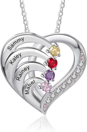 925 Sterling Silver Mother Necklace with 3-4 Simulated Birthstones Personalized Women's Promise Necklace Engraved Names Family Anniversary Jewelry for Grandma