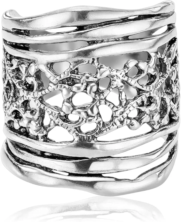 925 Sterling Silver Ring - Multi Textured Lace Shield Ring - Oxidized Textured Vintage Design - Hypoallergenic, Nickel & Lead-free - Artisan Handcrafted Designer Collection (Size 5-11)