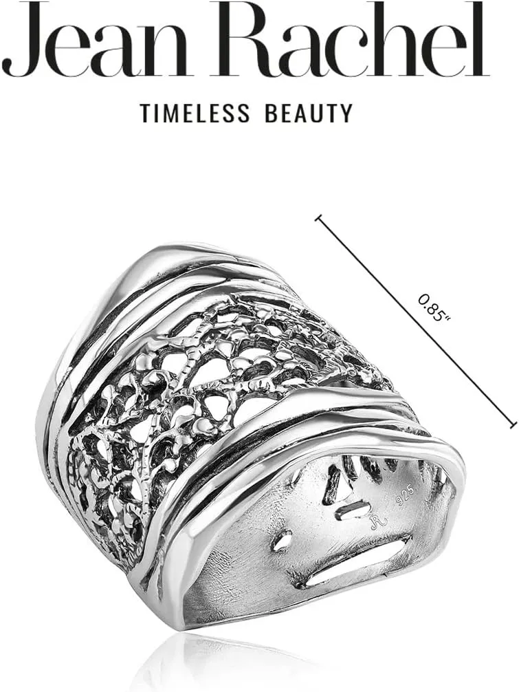 925 Sterling Silver Ring - Multi Textured Lace Shield Ring - Oxidized Textured Vintage Design - Hypoallergenic, Nickel & Lead-free - Artisan Handcrafted Designer Collection (Size 5-11)
