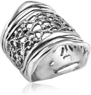 925 Sterling Silver Ring - Multi Textured Lace Shield Ring - Oxidized Textured Vintage Design - Hypoallergenic, Nickel & Lead-free - Artisan Handcrafted Designer Collection (Size 5-11)