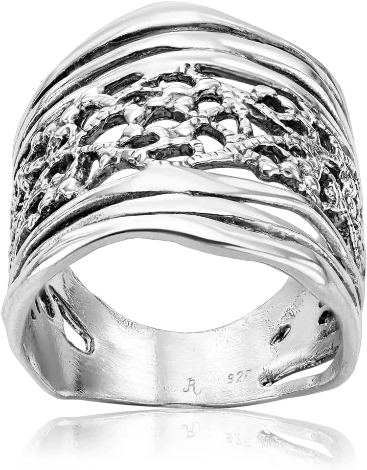 925 Sterling Silver Ring - Multi Textured Lace Shield Ring - Oxidized Textured Vintage Design - Hypoallergenic, Nickel & Lead-free - Artisan Handcrafted Designer Collection (Size 5-11)