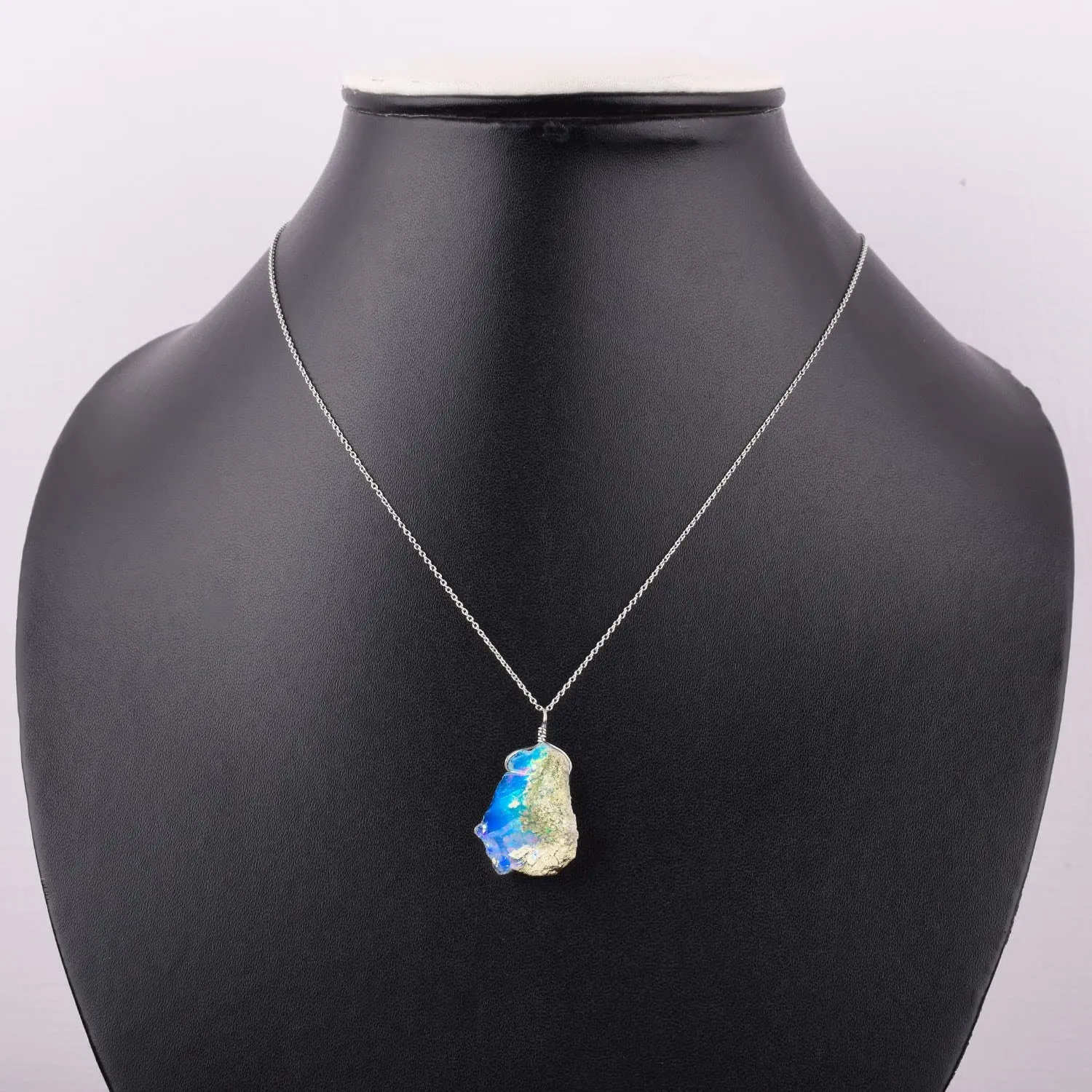 AA  Natural Ultra Fire Raw Ethiopian Opal Rough Handmade Dainty Pendant Necklace For Women, Healing Chakra Crystals, Birthstone Jewelry, Rhodium Plated 925 Sterling Silver Chain 20 inch, Gift for Her