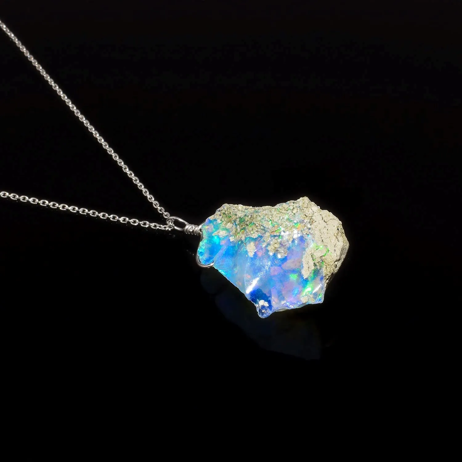 AA  Natural Ultra Fire Raw Ethiopian Opal Rough Handmade Dainty Pendant Necklace For Women, Healing Chakra Crystals, Birthstone Jewelry, Rhodium Plated 925 Sterling Silver Chain 20 inch, Gift for Her