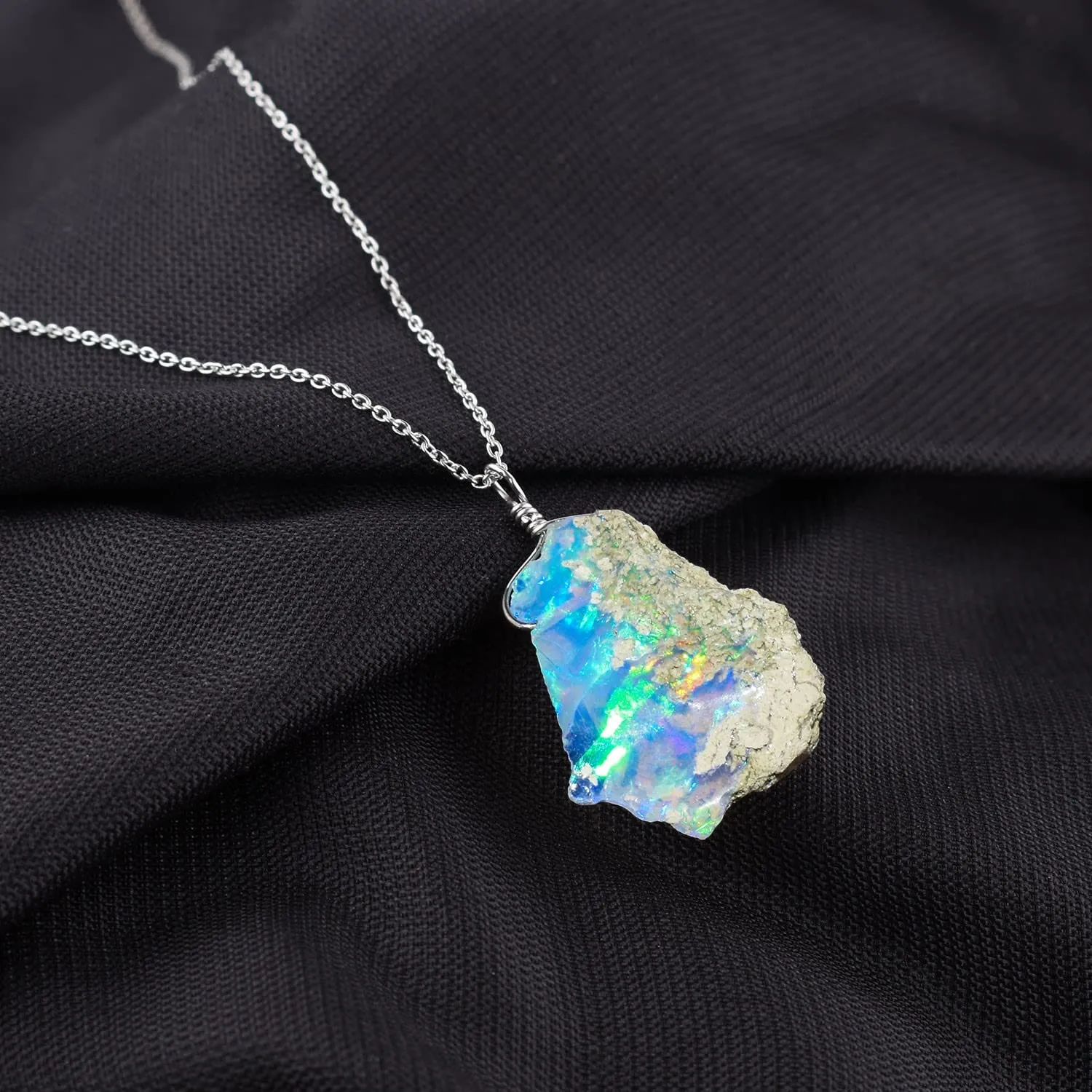 AA  Natural Ultra Fire Raw Ethiopian Opal Rough Handmade Dainty Pendant Necklace For Women, Healing Chakra Crystals, Birthstone Jewelry, Rhodium Plated 925 Sterling Silver Chain 20 inch, Gift for Her