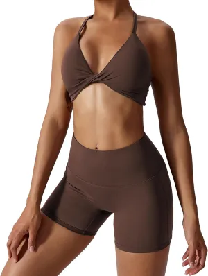 ABOCIW Workout Sets for Women 2 Piece Twist Front Halter Sports Bras High Waist Biker Shorts Exercise Gym Yoga Outfit