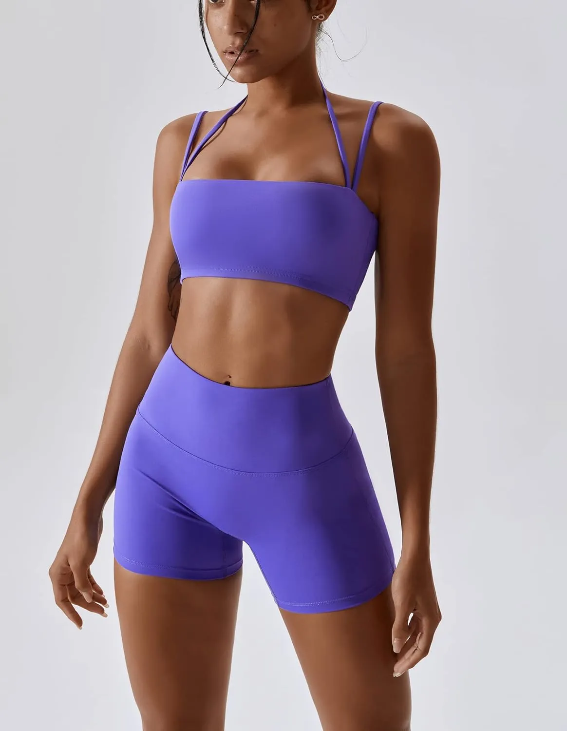ABOCIW Workout Sets for Women 2 Piece Twist Front Halter Sports Bras High Waist Biker Shorts Exercise Gym Yoga Outfit