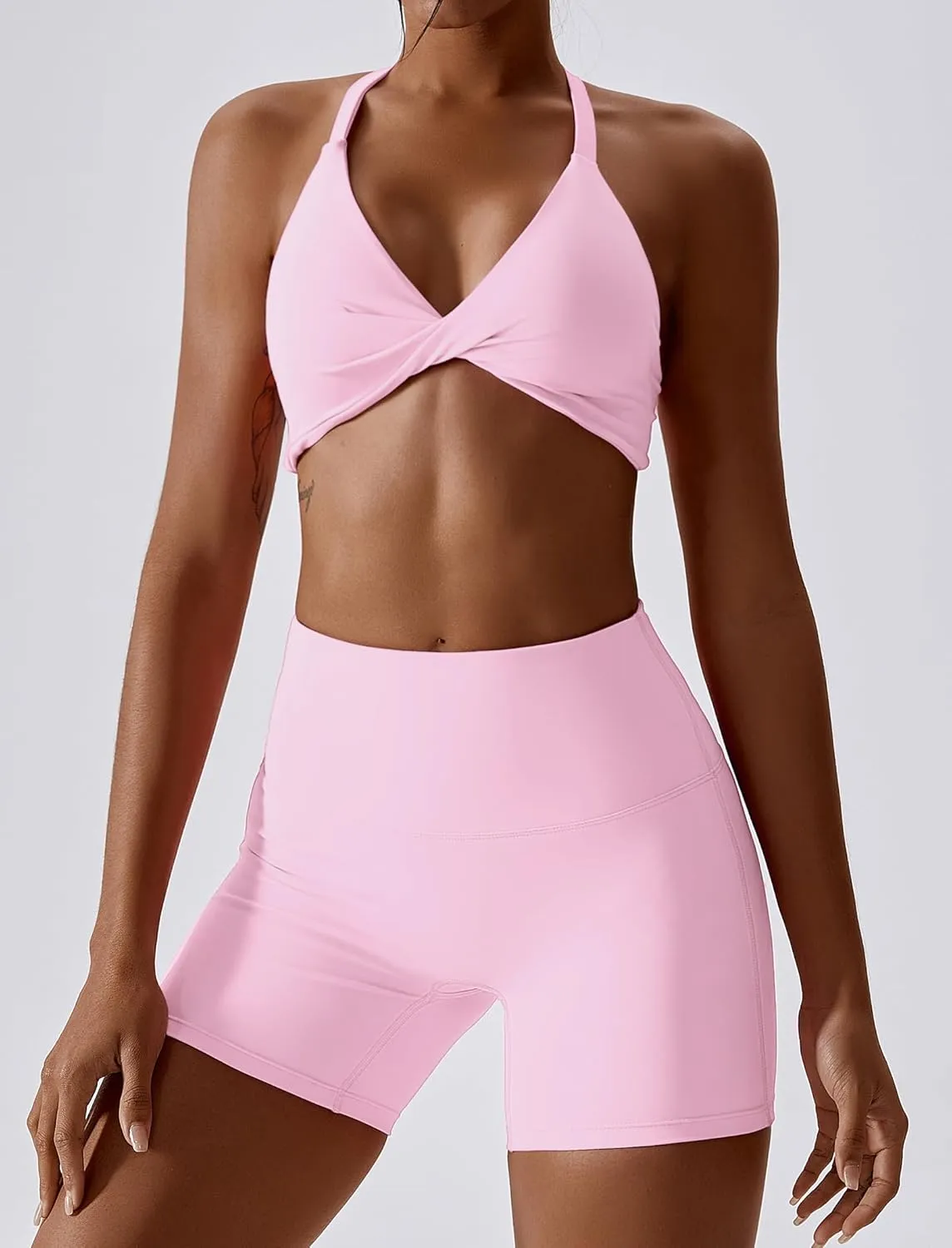 ABOCIW Workout Sets for Women 2 Piece Twist Front Halter Sports Bras High Waist Biker Shorts Exercise Gym Yoga Outfit