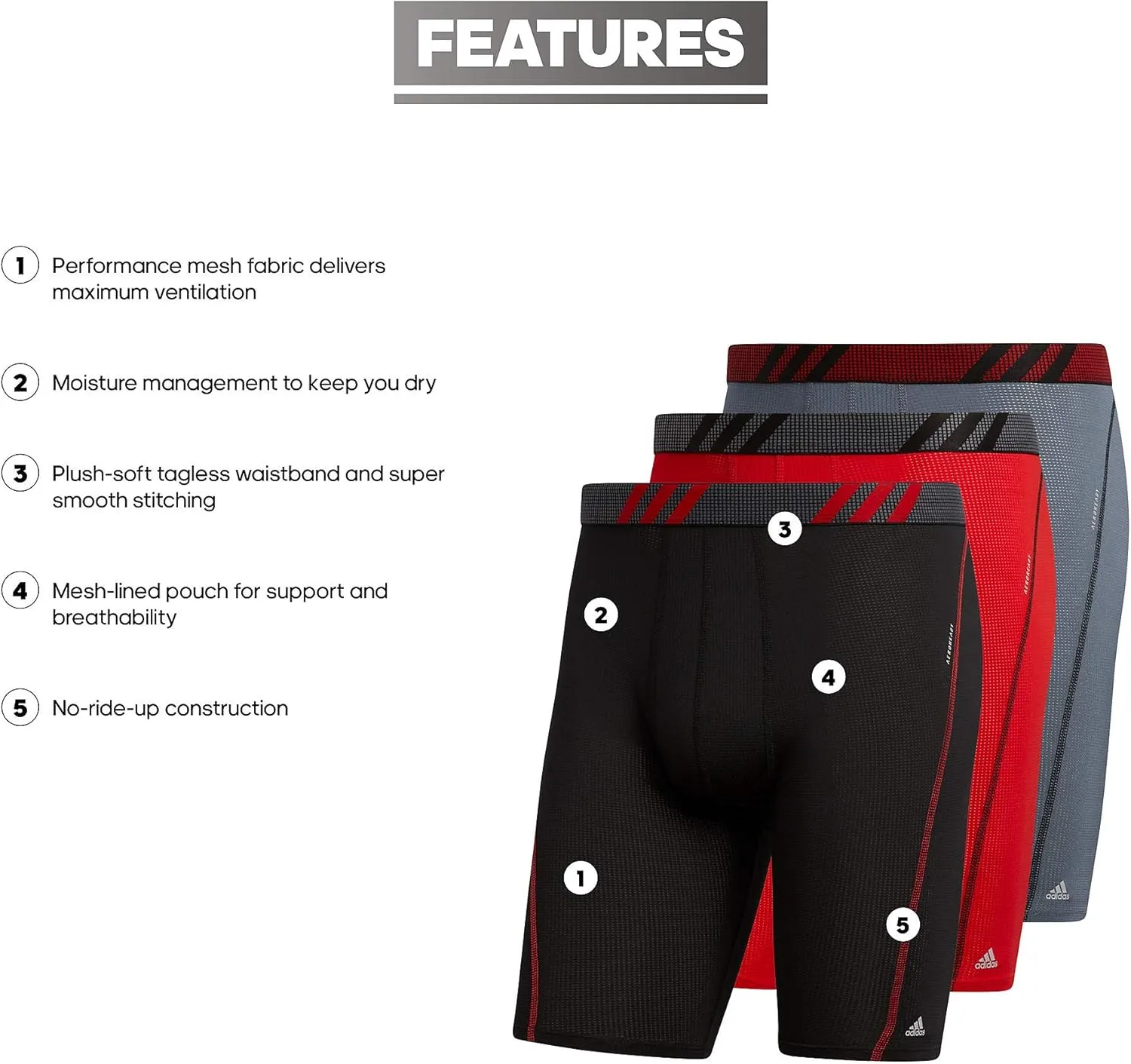 adidas Men's Sport Performance Mesh Long Boxer Brief Underwear (3-Pack)
