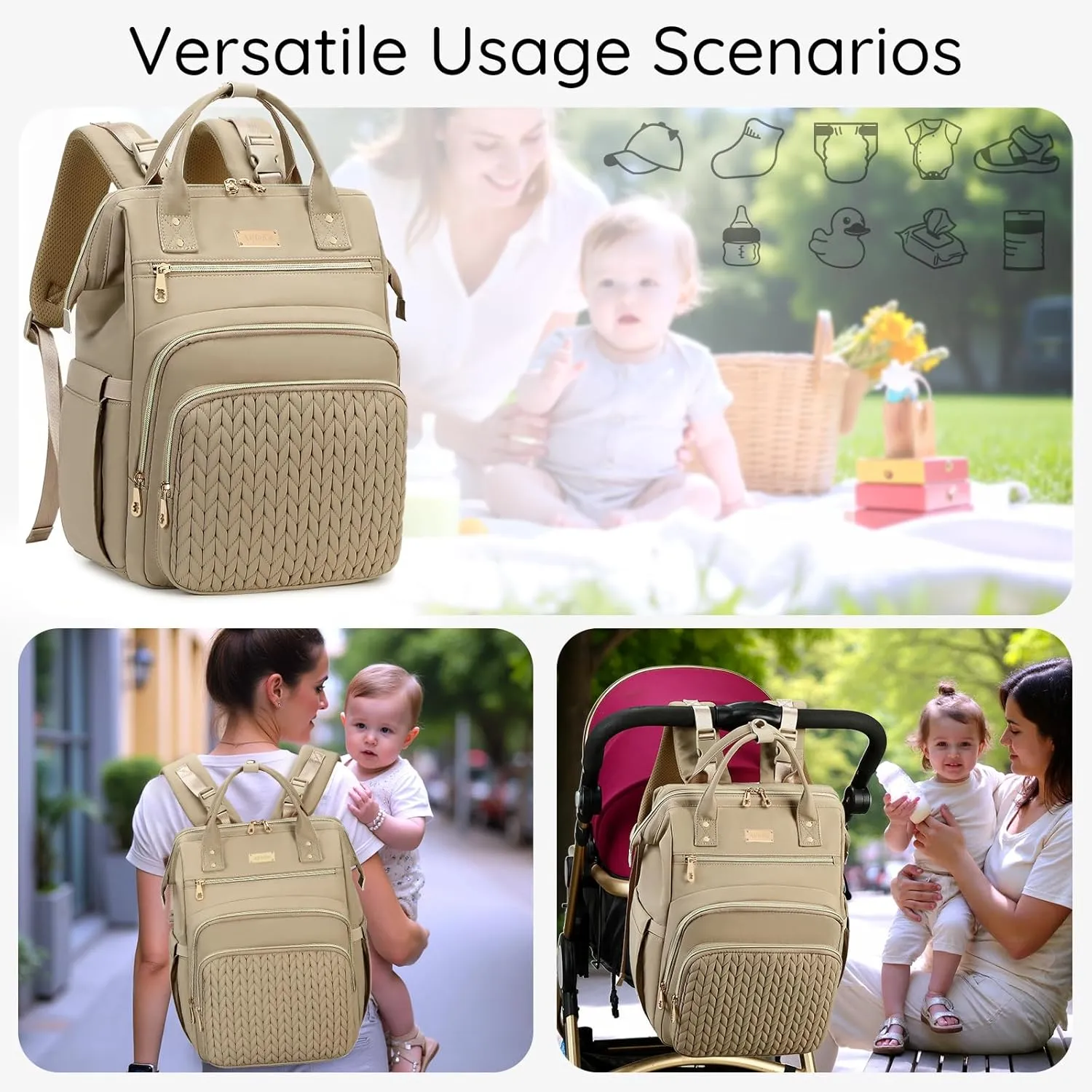 AIJIEKE Diaper Bag, Large Wide-Open Baby Diaper Backpack, Multi-functional Baby Travel Tote Bag, Diaper Bag with Changing Pad, Diaper Bags for Mom & Maternity (Brown Taupe)