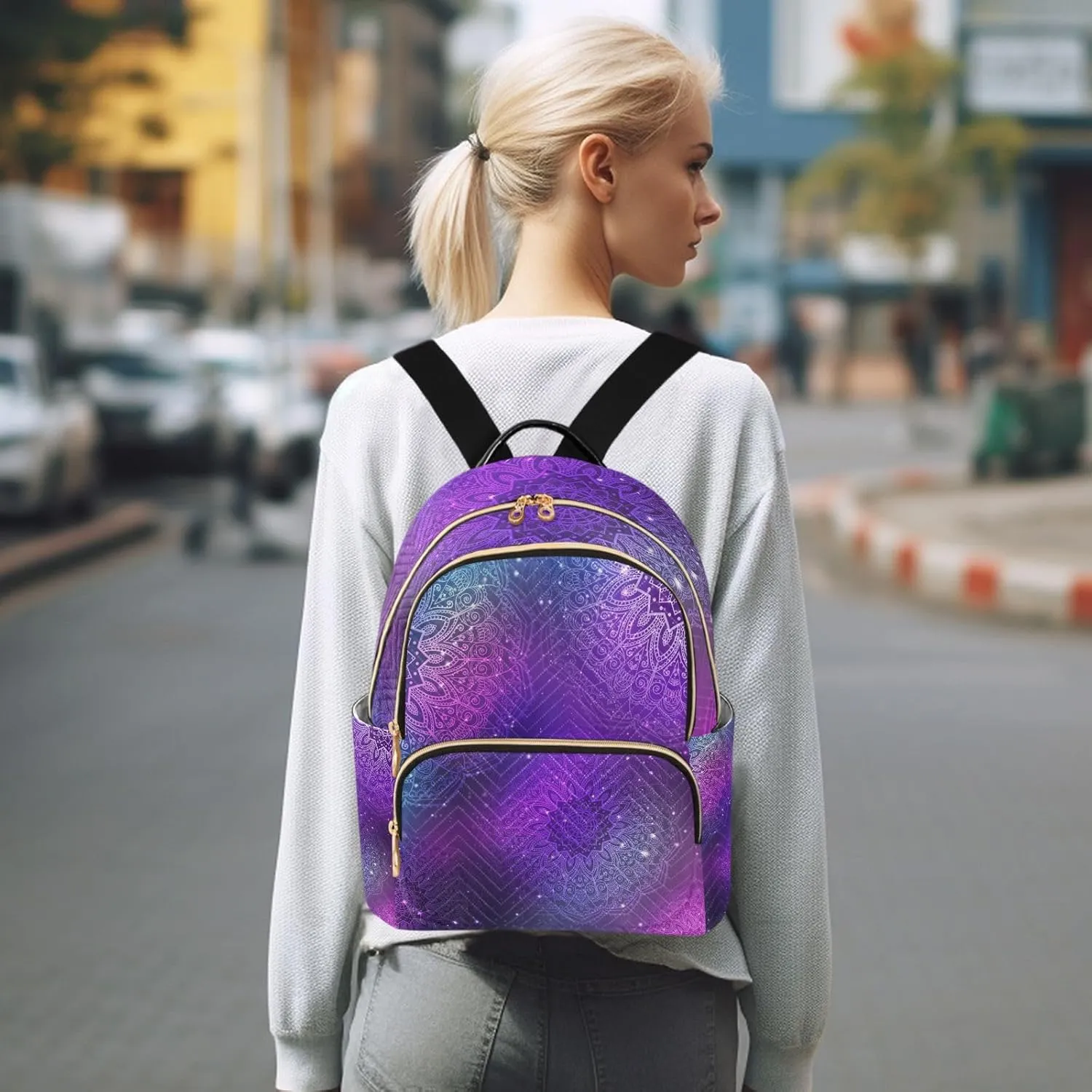 ALAZA Galaxy Watercolor Mandala Pattern Small Backpack Purse for Women Travel Bag Fashion Daypack Back Pack Shoulder Bag