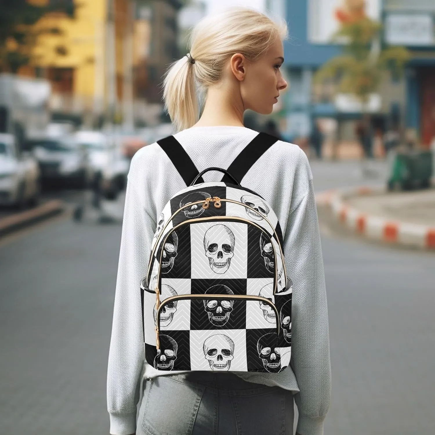 ALAZA Travel Backpack Purse for Women Fashion Anti-theft Work Casual Gothic Skull Black and White Daypack Shoulder Bag Medium Size