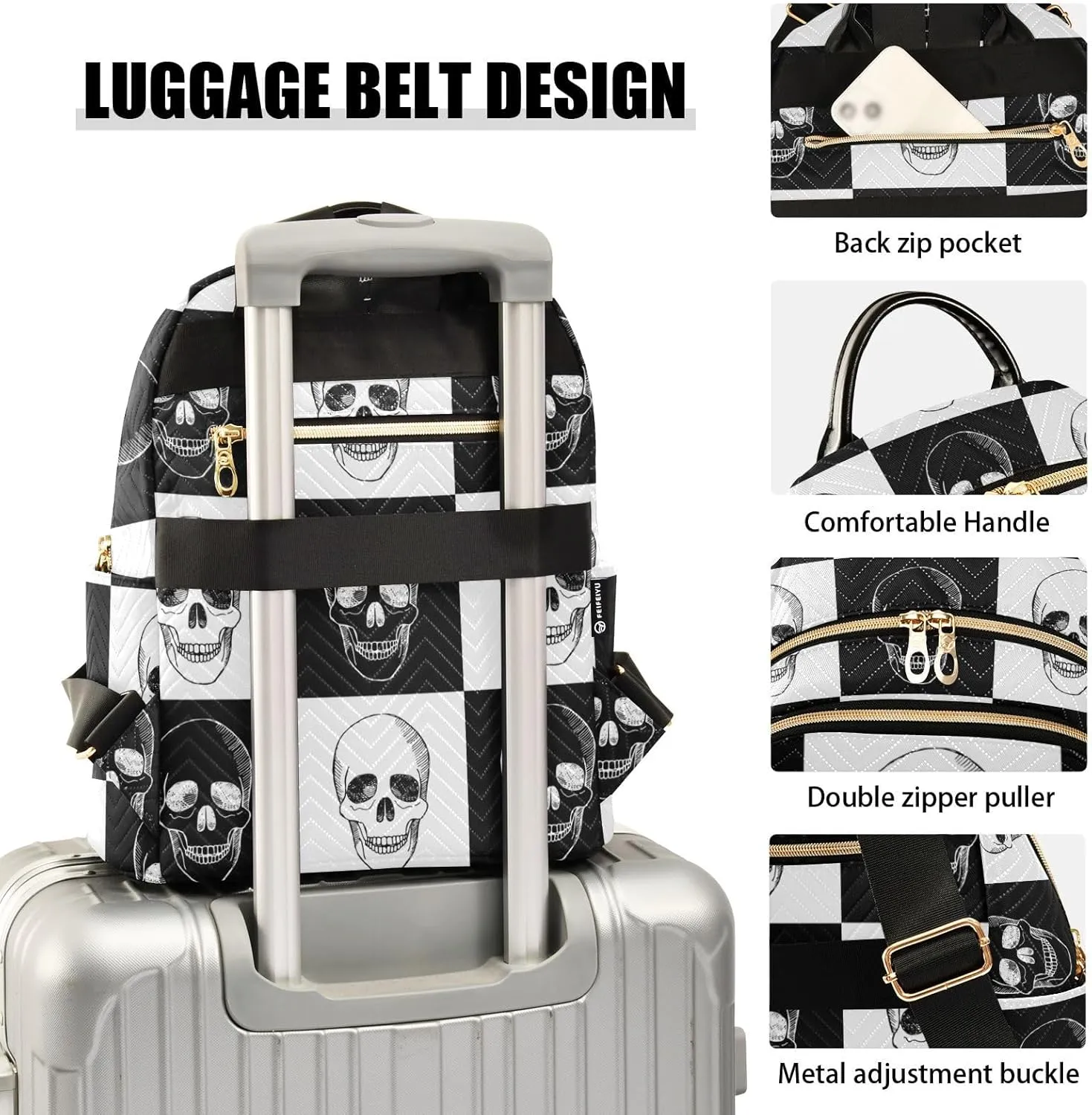 ALAZA Travel Backpack Purse for Women Fashion Anti-theft Work Casual Gothic Skull Black and White Daypack Shoulder Bag Medium Size