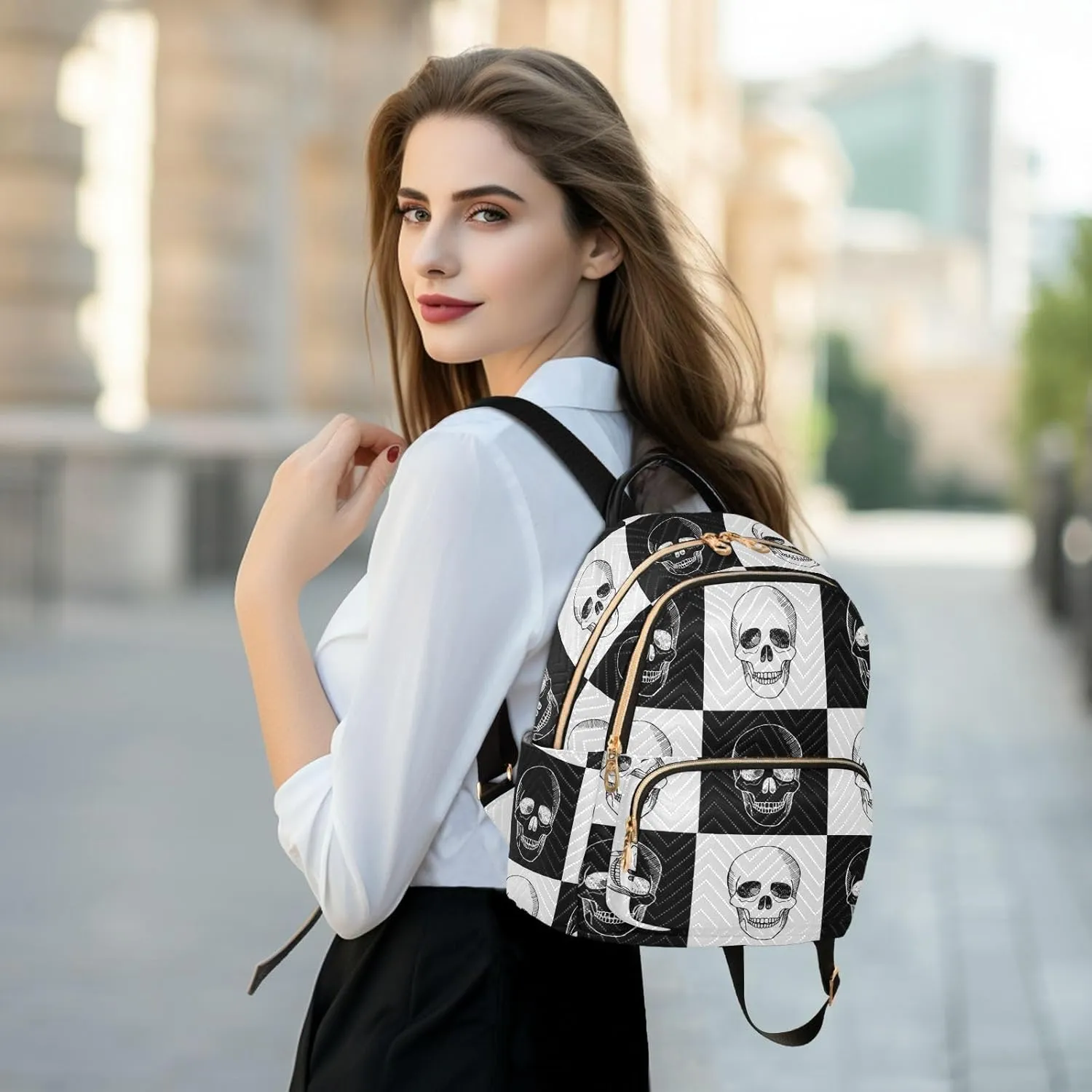 ALAZA Travel Backpack Purse for Women Fashion Anti-theft Work Casual Gothic Skull Black and White Daypack Shoulder Bag Medium Size