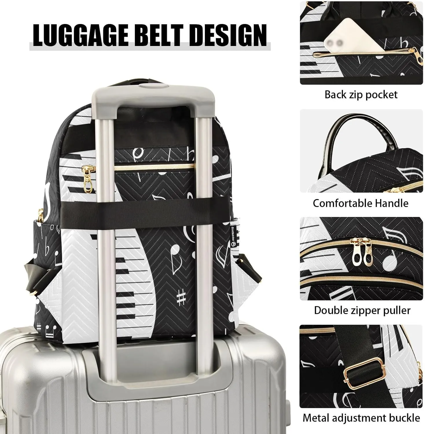 ALAZA Travel Backpack Purse for Women Fashion Anti-theft Work Casual Music Note Piano Daypack Shoulder Bag Medium Size