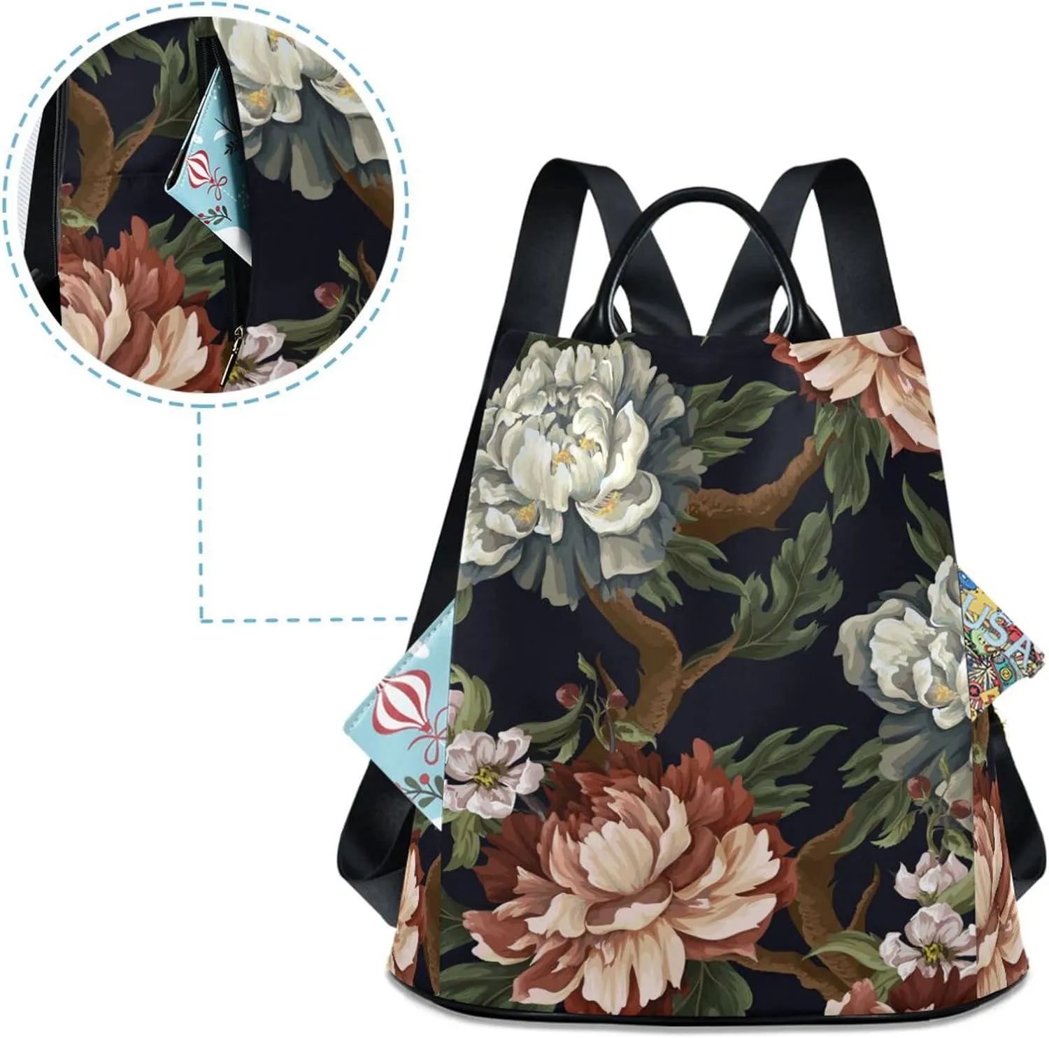 ALAZA Vintage Peonies Roses and Chrysanthemums Backpack Purse for Women Travel Casual Daypack College Bookbag Work Business Ladies Shoulder Bag