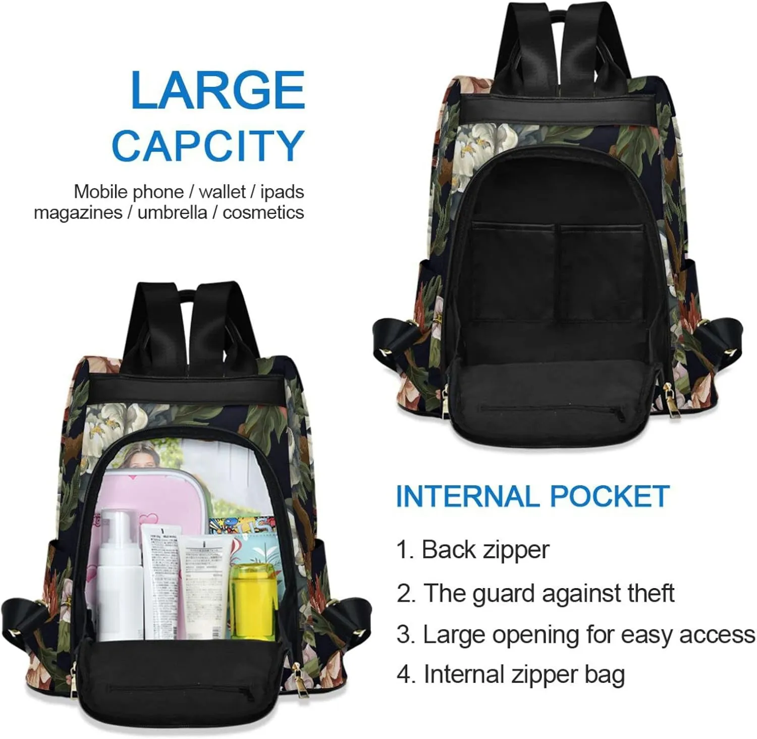 ALAZA Vintage Peonies Roses and Chrysanthemums Backpack Purse for Women Travel Casual Daypack College Bookbag Work Business Ladies Shoulder Bag