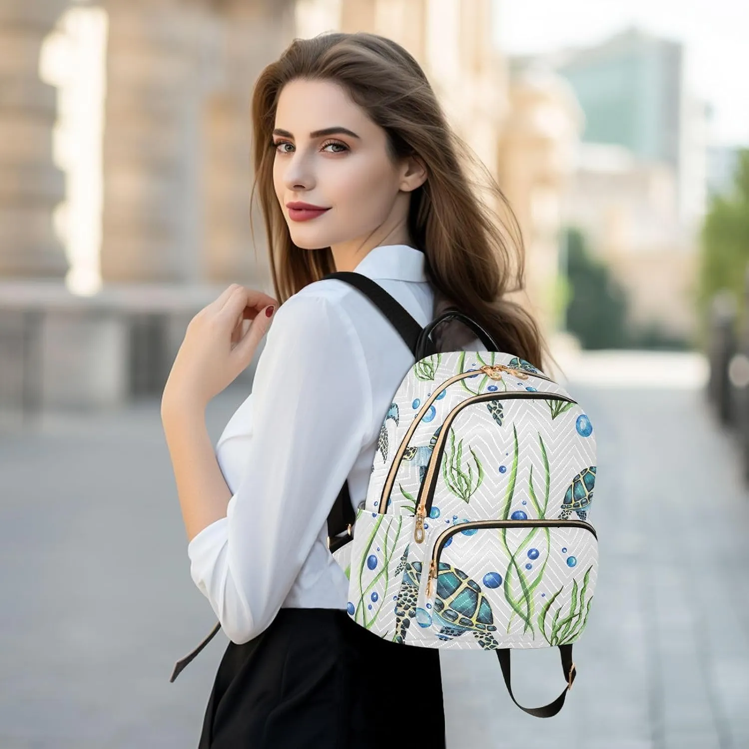 ALAZA Watercolor Sea Turtles and Seaweed and Bubbles Women Backpack Purse Shoulder Bag