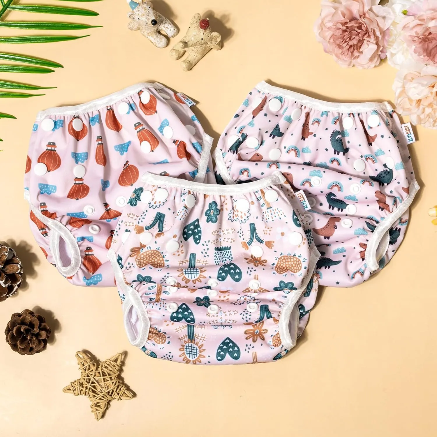 ALVABABY 3 Pack Large Swim Diapers Baby/Toddler/Infant Snap Adjustable Reusable Swimming Diaper Baby for Boy and Girl 3ZSWY38