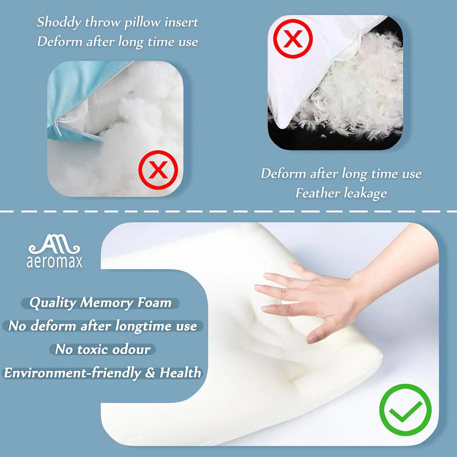 AM AEROMAX 12 × 20 Throw Pillow Memory Foam Pillow Insert - Rectangular Lumbar Support Pillow for Decorative Cushion Bed Couch Sofa - Non-Deforming Over Time