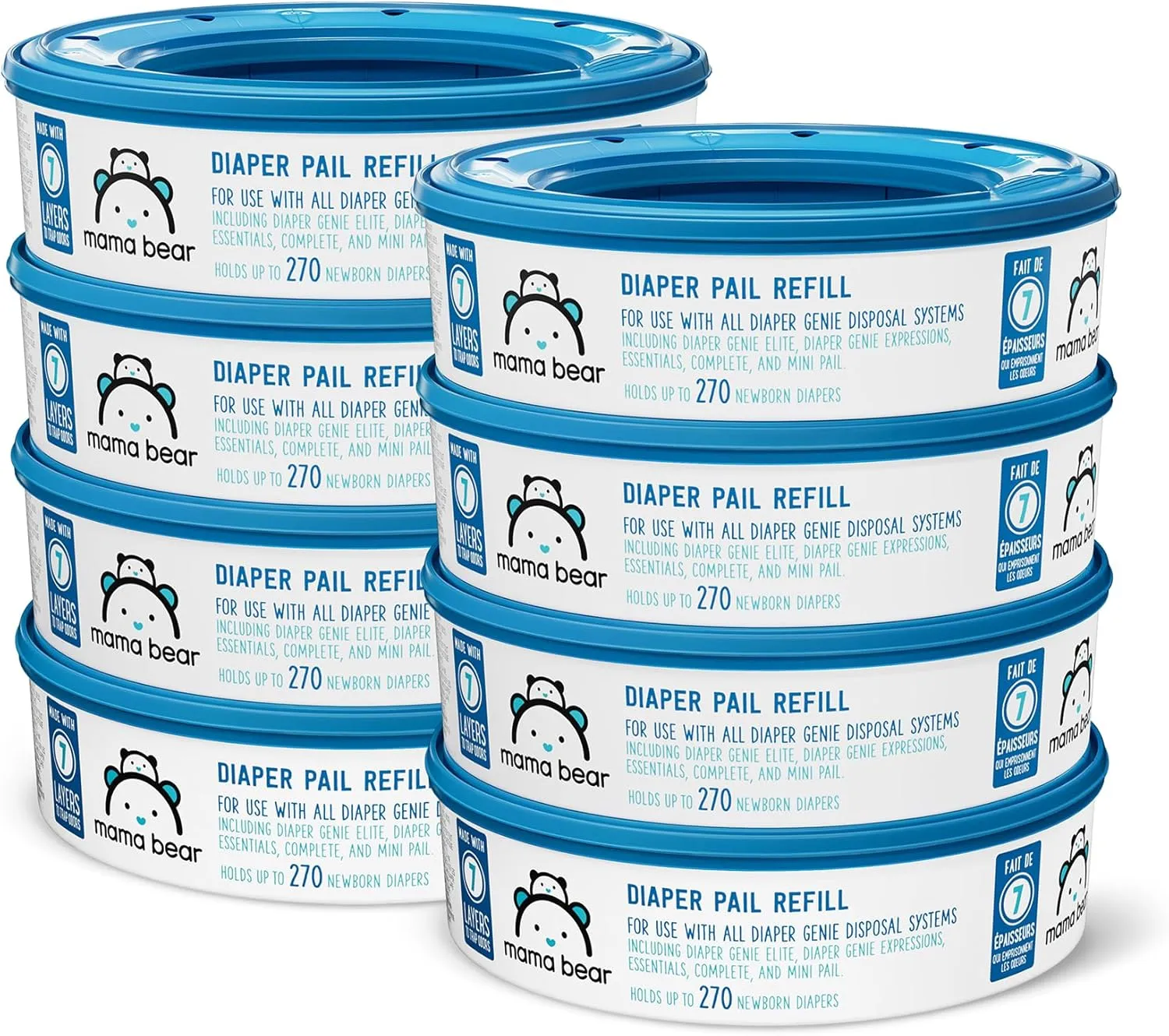 Amazon Brand - Mama Bear Diaper Pail Refills for Genie Pails, Unscented, 2160 Count (8 Packs of 270)