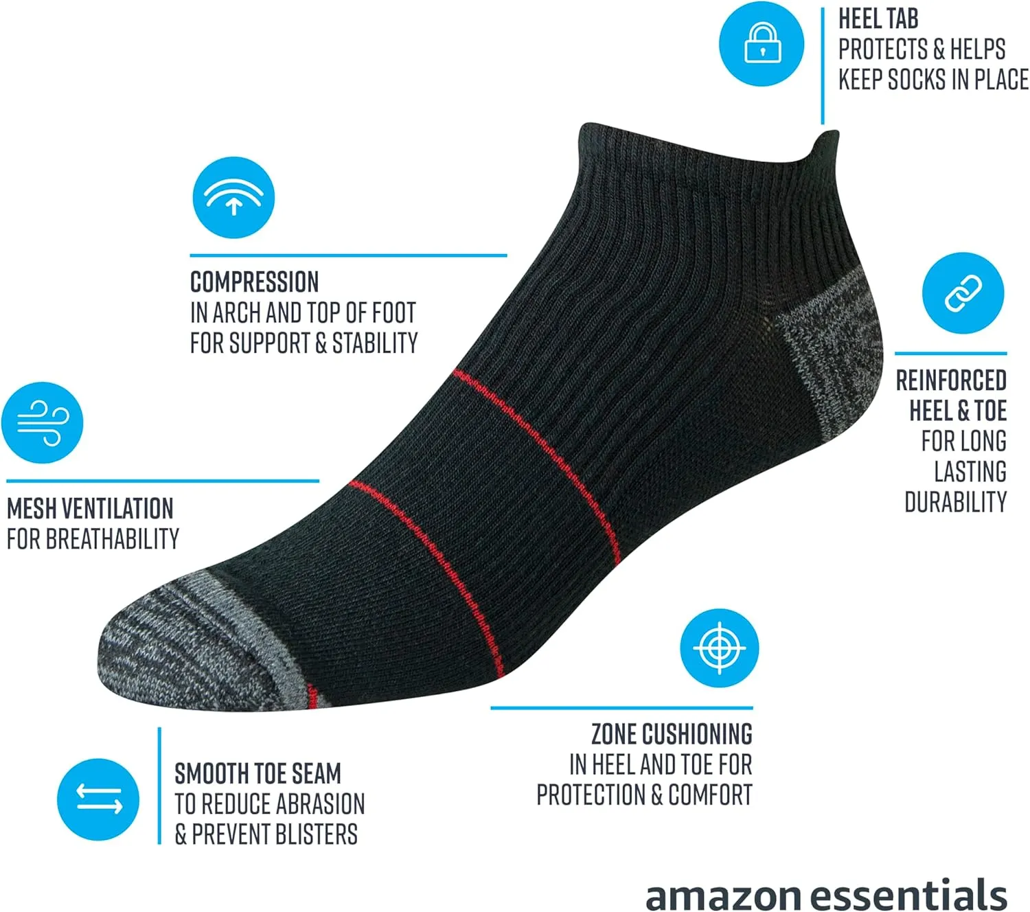 Amazon Essentials Men's Low Cut Tab Socks - Performance Zone, Comfortable Cushion Athletic, 6 Pairs
