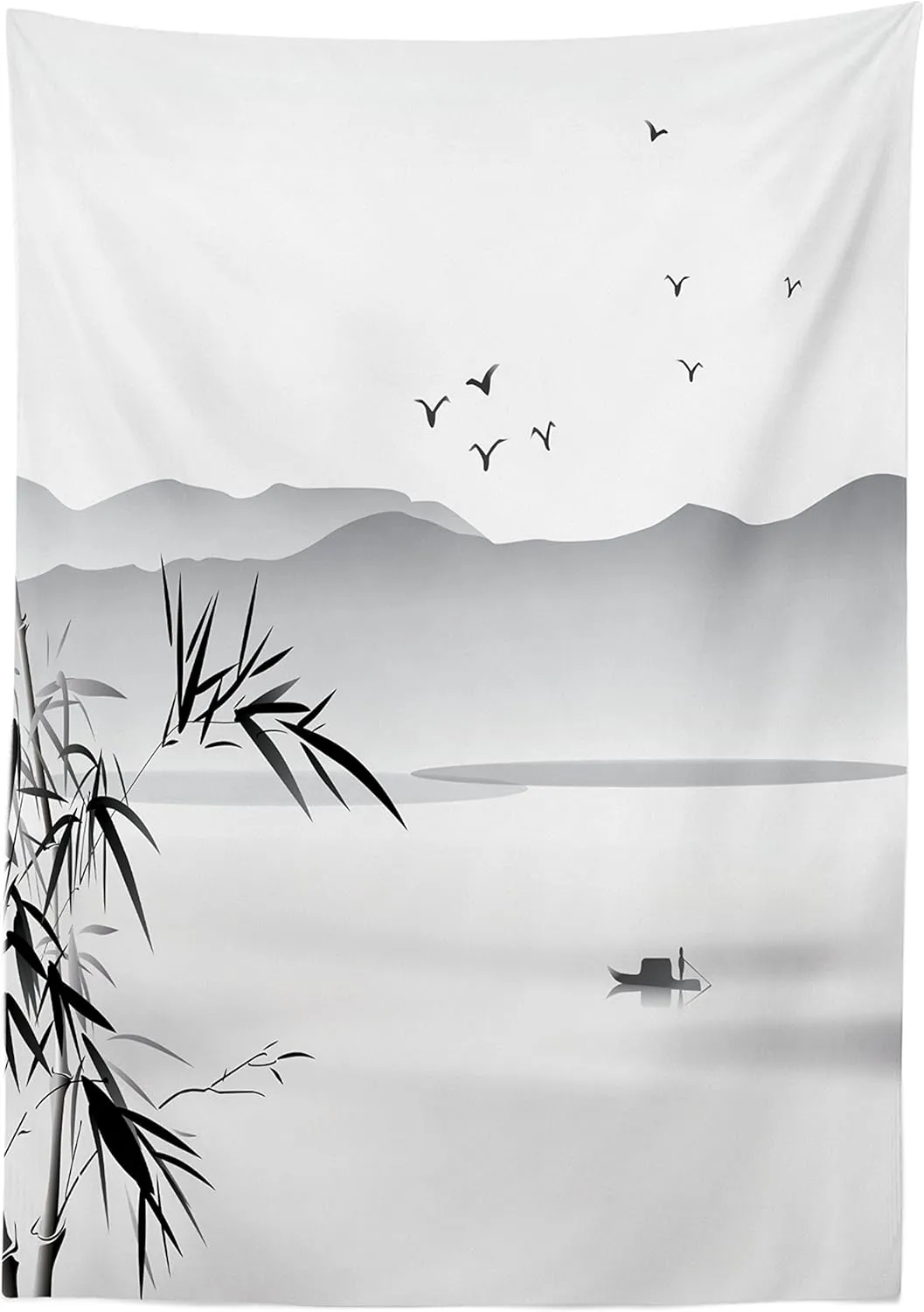 Ambesonne Asian Tablecloth, Silhouette of Horizontal Mountains and The River with Small Vessel Solitude Theme Art, Dining Room Kitchen Rectangular Table Cover, 52" X 70", Black Grey
