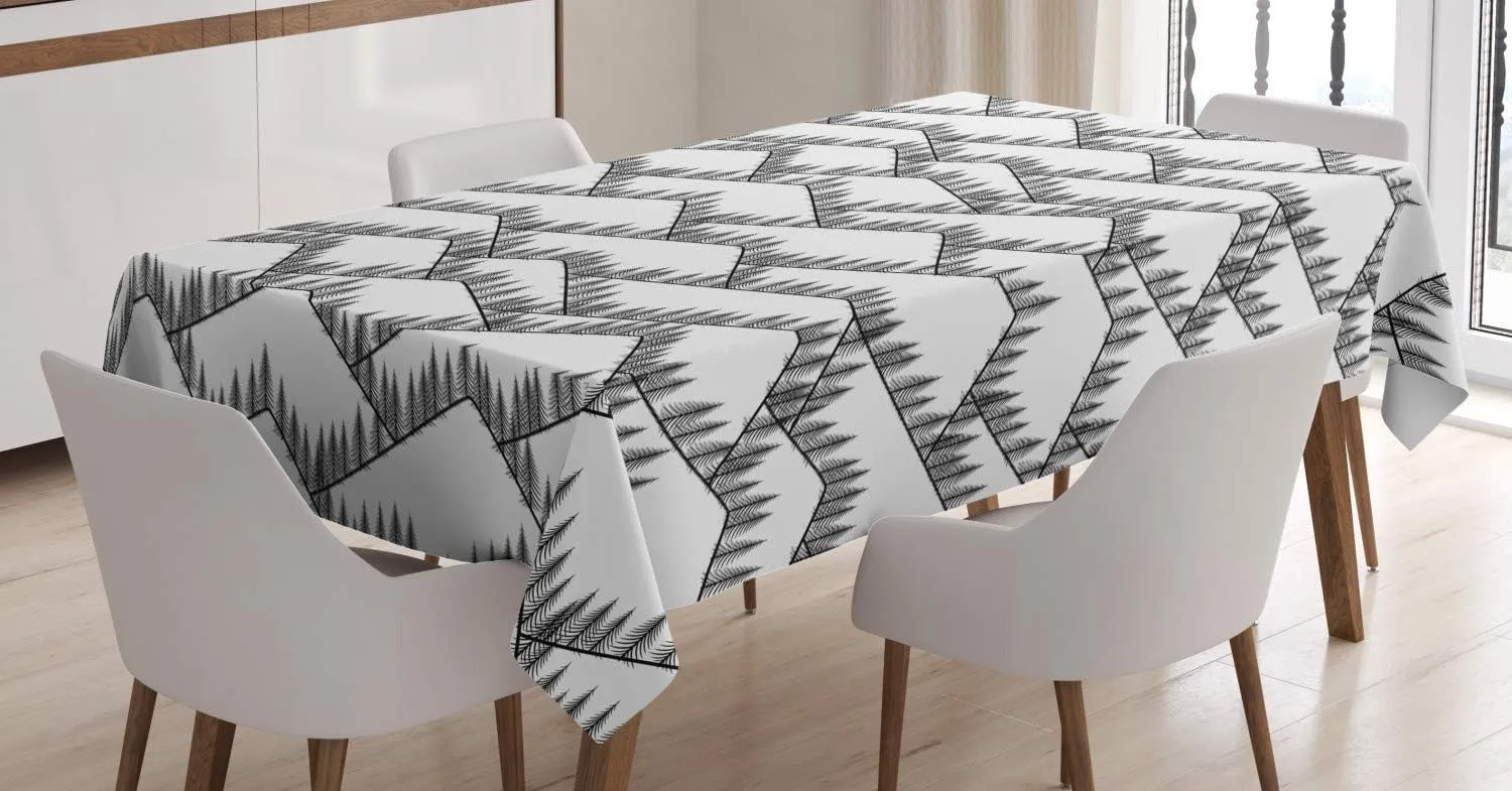 Ambesonne Landscape Tablecloth, Image of Triangular Shaped Mountain Ranges with Spruce Trees on Top, Rectangular Table Cover for Dining Room Kitchen Decor, 60" X 84", White and Charcoal Grey