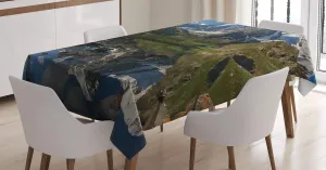 Ambesonne Mountain Range Tablecloth, Pastoral Nature Snowy Alps Peaks with Lake Creek River Idyllic Spring Scene, Rectangular Table Cover for Dining Room Kitchen Decor, 60" X 84", Green White
