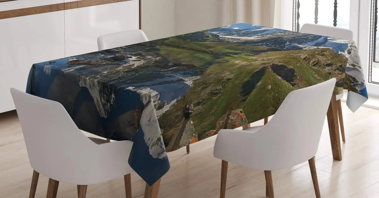 Ambesonne Mountain Range Tablecloth, Pastoral Nature Snowy Alps Peaks with Lake Creek River Idyllic Spring Scene, Rectangular Table Cover for Dining Room Kitchen Decor, 60" X 84", Green White