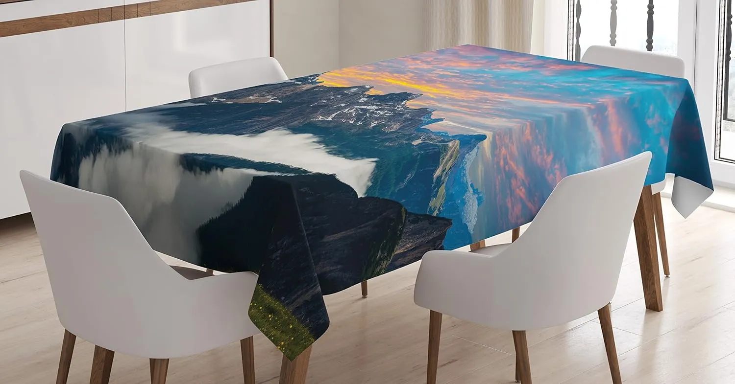 Ambesonne Mountain Tablecloth, Alpine Scenery Foggy Italian Natural Park Vivid Sky Above Clouds Photography, Dining Room Kitchen Rectangular Table Cover, 52" X 70", Black White Blue
