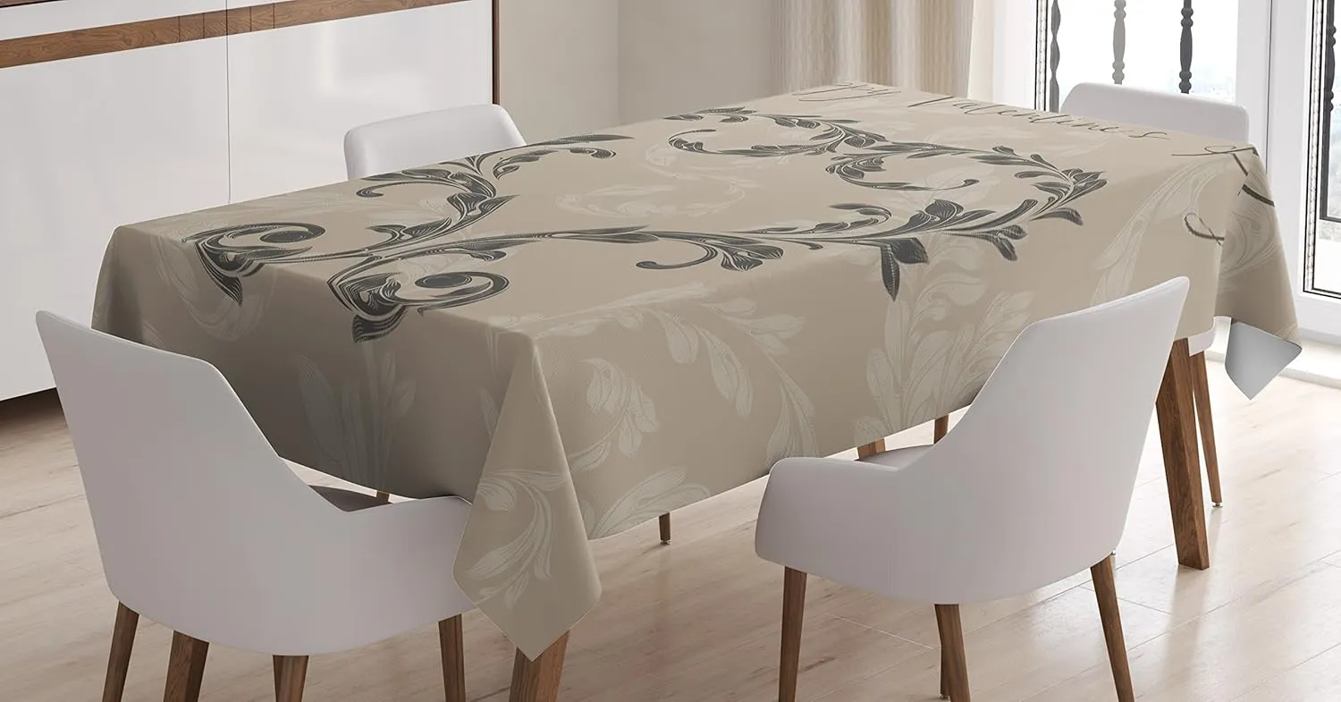 Ambesonne Taupe Tablecloth, Happy Valentine's Day Hand Writing Laurel Leaves Forming a Heart Victorian, Rectangular Table Cover for Dining Room Kitchen Decor, 60" X 90", Taupe Tan