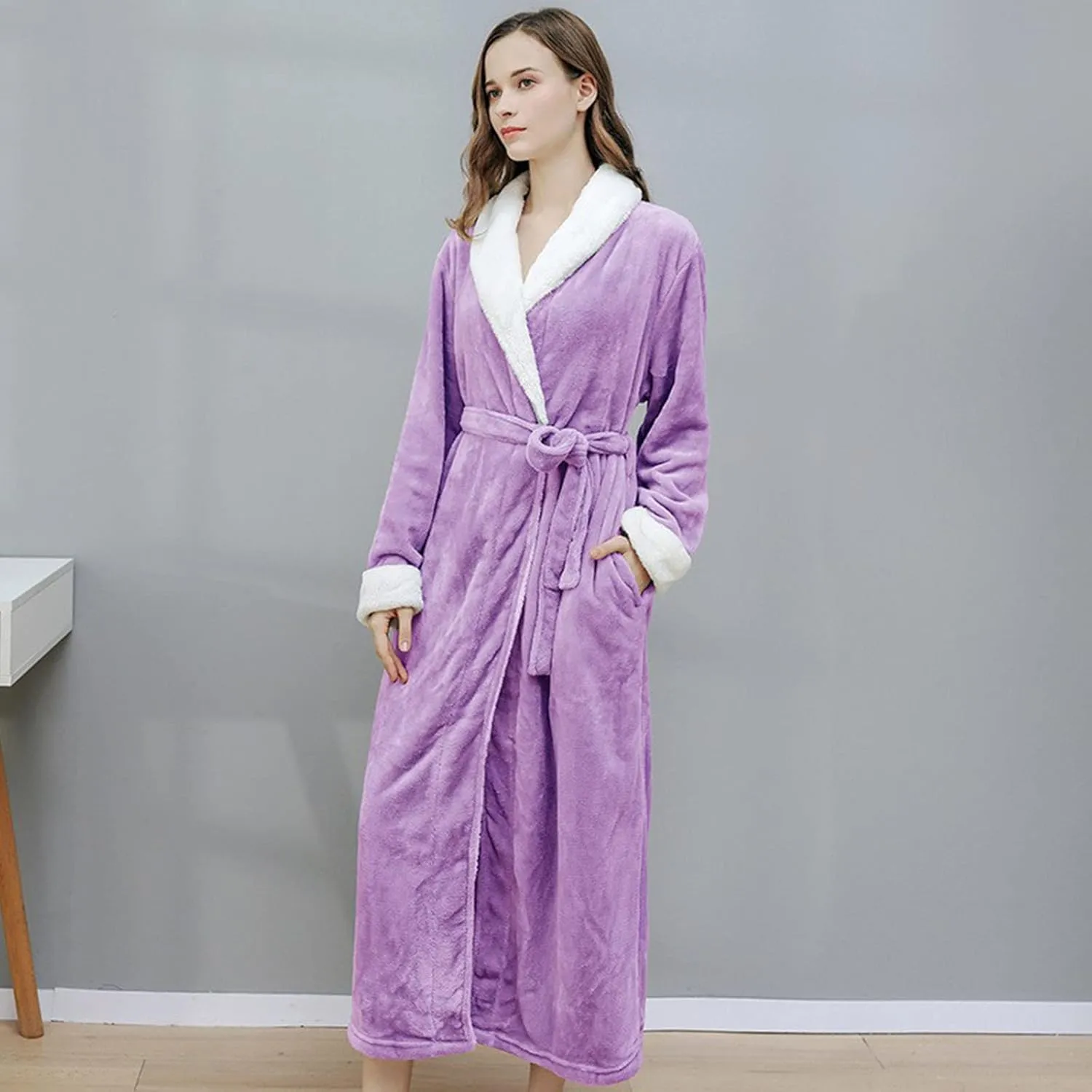 AMDBEL Comfy Robes for Women Soft Plus Size,Women Plush Fleece Robe Soft Lace Up Bathrobe Lady Cozy Spa Long Robe Sleepwear