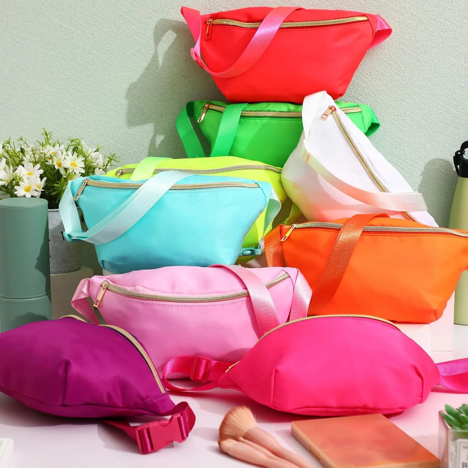 Amylove 9 Pieces Fanny Packs Nylon Waist Bag Zipper Travel Running Bag with Adjustable Strap for Women Men(Neon Colors)