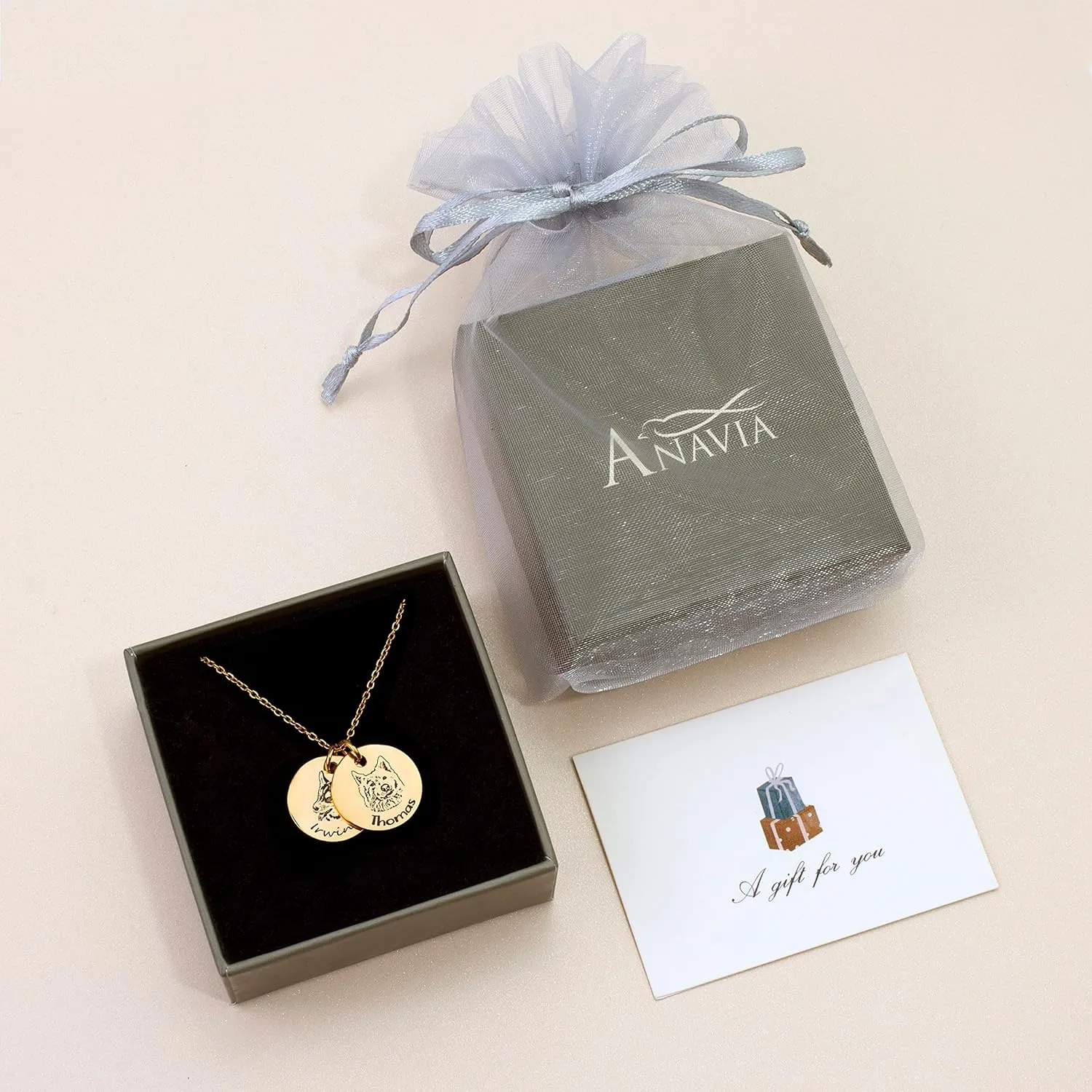 Anavia Personalized Pet Portrait Necklace, Handmade Memorial Jewelry Gift, Custom Round Disc Photo Engraved Necklace for Animal Lovers, Dog Mom, Dog Dad