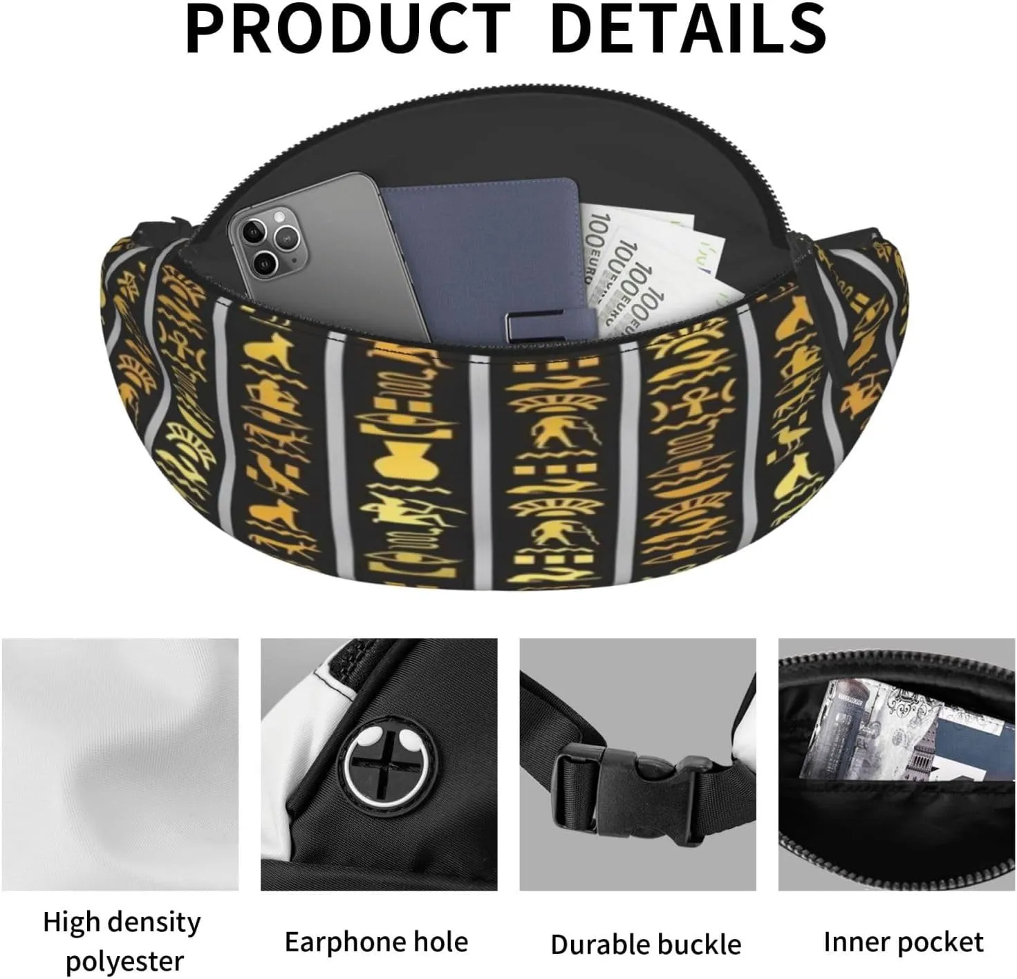 Ancient Egyptian Pyramids Vintage Cultural Symbols Waist Packs Unisex Adjustable Shoulder Strap Messenger Bag Sports Travel Running Leisure Waist Bag, Black, RXZER23