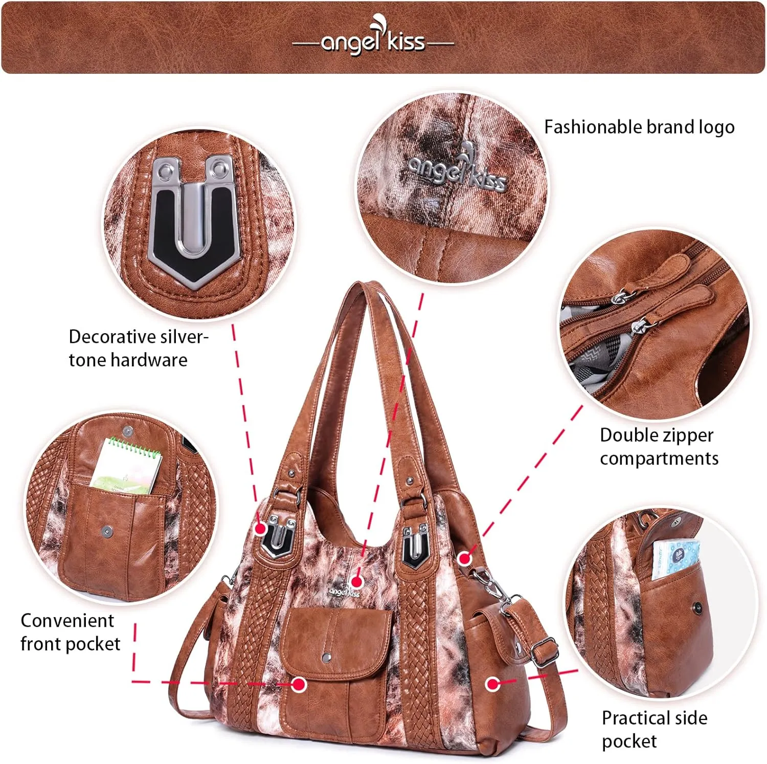 Angelkiss Purses and Handbags for Women Washed Vegan Leather Crossbody Hobo Satchel Shoulder Tote Purse