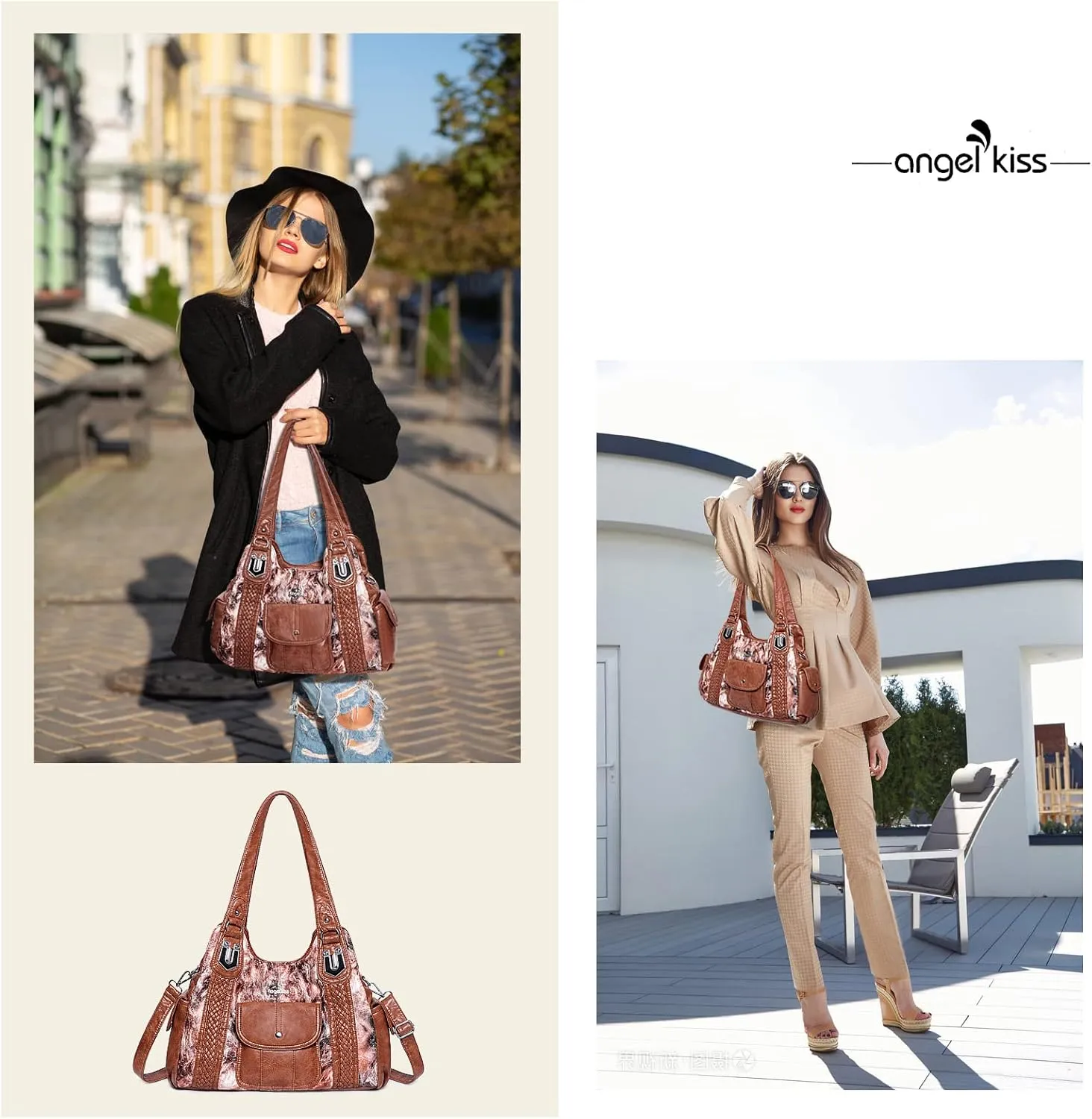 Angelkiss Purses and Handbags for Women Washed Vegan Leather Crossbody Hobo Satchel Shoulder Tote Purse