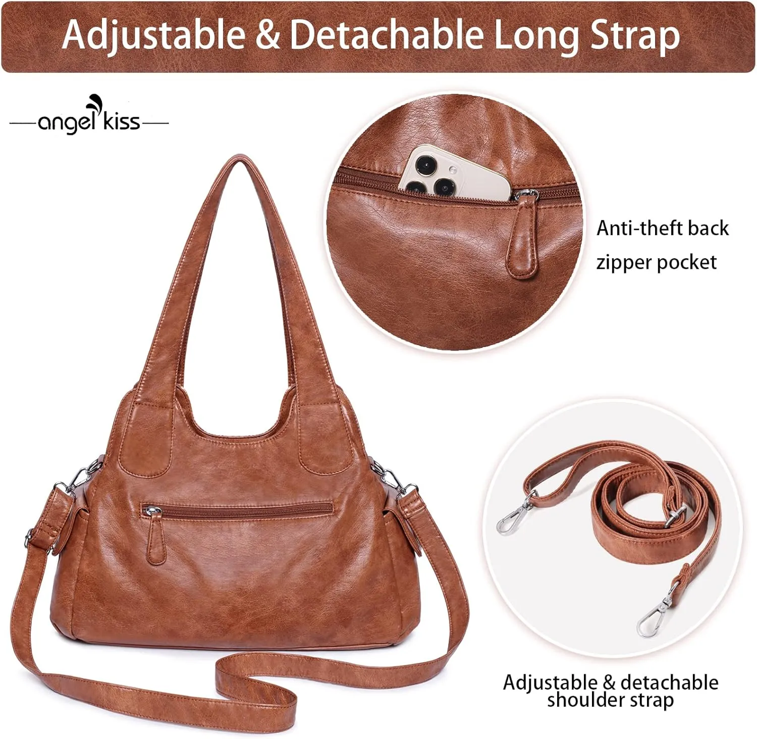Angelkiss Purses and Handbags for Women Washed Vegan Leather Crossbody Hobo Satchel Shoulder Tote Purse