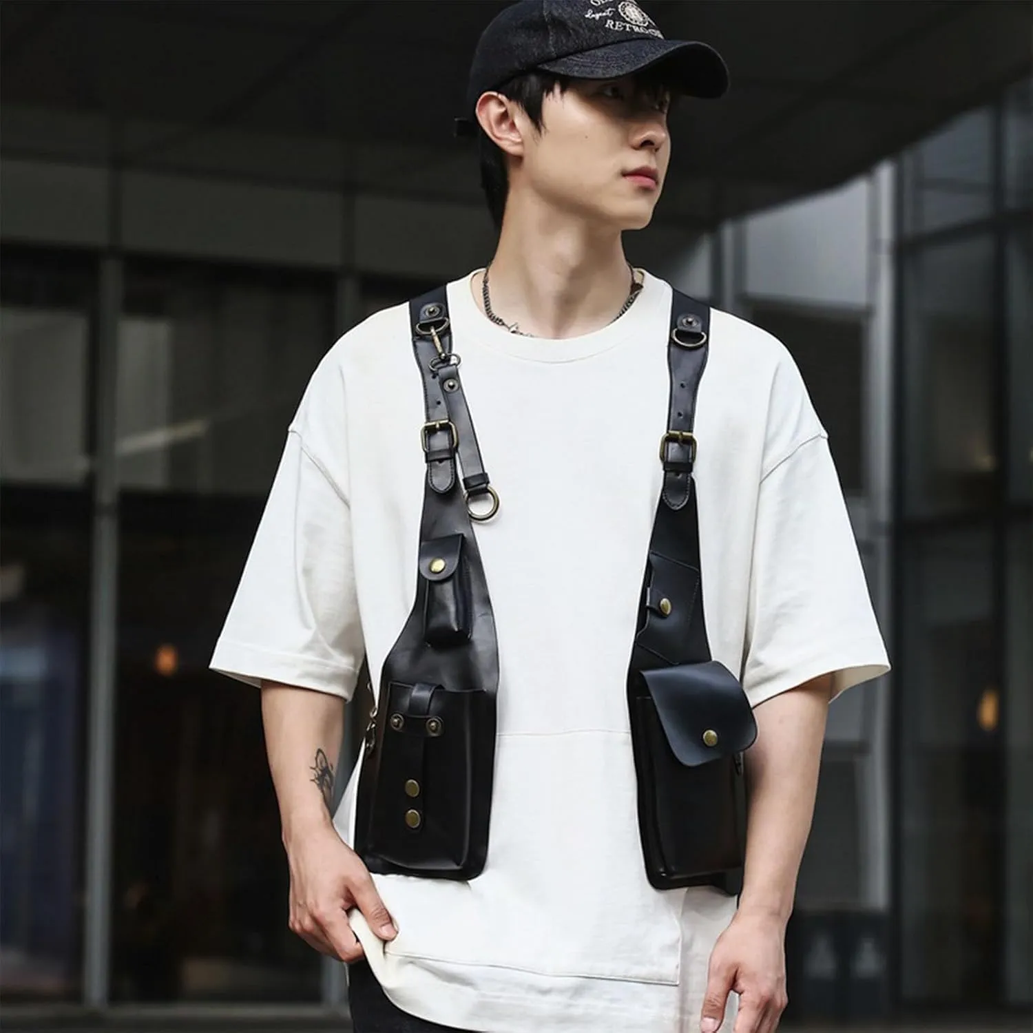 Anti-Theft Bag with Shoulder Harness, Retro Leather Adjustable Underarm Double Shoulder Bag for Men Hidden Anti-Theft Wallet