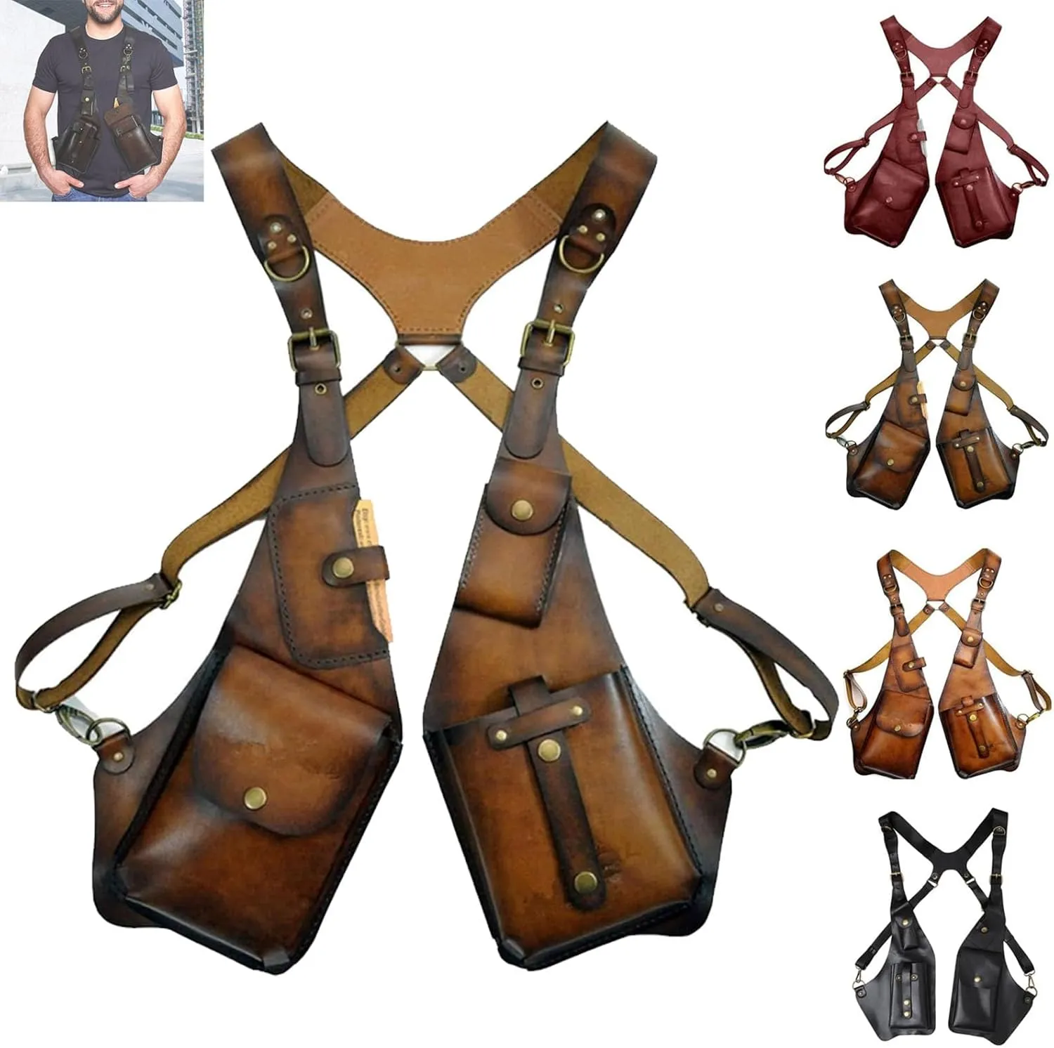 Anti-Theft Bag with Shoulder Harness, Retro Leather Adjustable Underarm Double Shoulder Bag for Men Hidden Anti-Theft Wallet