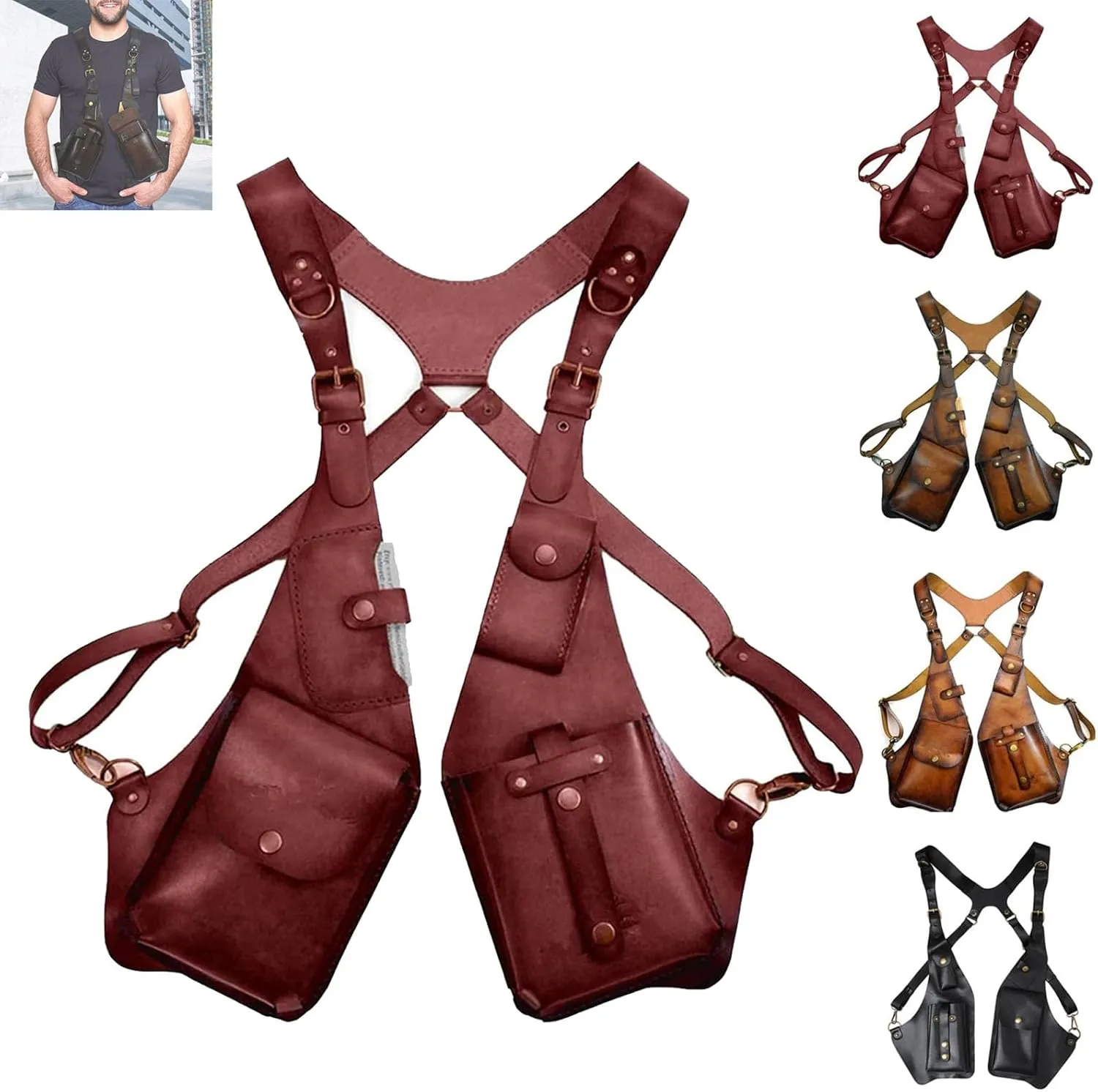 Anti-Theft Bag with Shoulder Harness, Retro Leather Adjustable Underarm Double Shoulder Bag for Men Hidden Anti-Theft Wallet