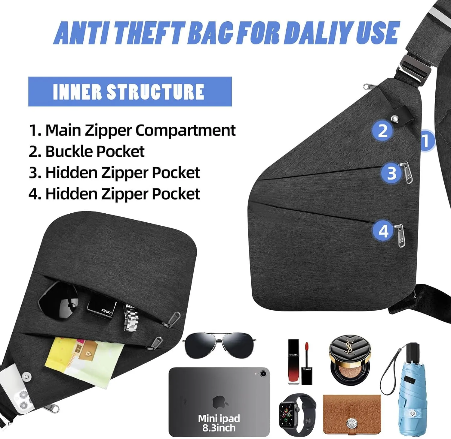 Anti Theft Crossbody Bag,Anti Theft Travel Bag for Women Men,Sling Crossbody Bag for Travel, Sport, Work