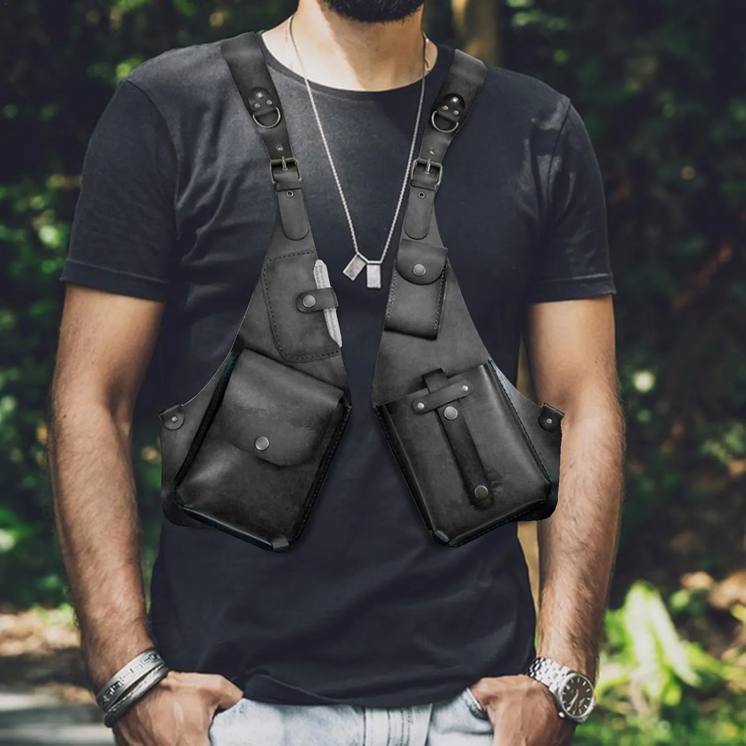 Anti-Theft Harness for Men - Leather Anti-Theft Harness, Double Shoulder Bag Cosplay Medieval | Phone Bag for Men and Women, Wallet Purse with Adjustable PU Leather Strap, Black, Consulte la
