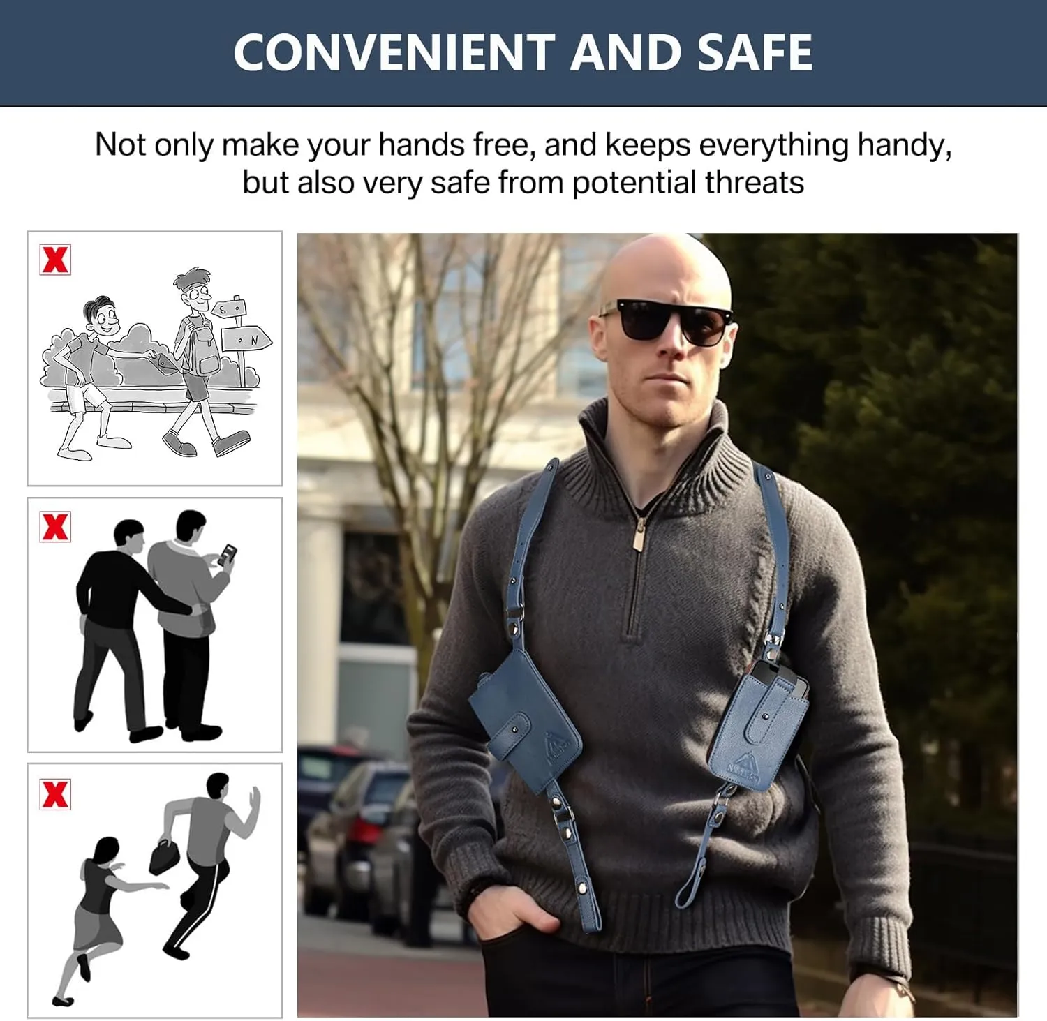 Anti-Theft Hidden Underarm Strap Wallet Phone Holster Bag Leisure PU Leather Shoulder Pouch Double Shoulder Pocket Sport Vest Outdoors (Blue)